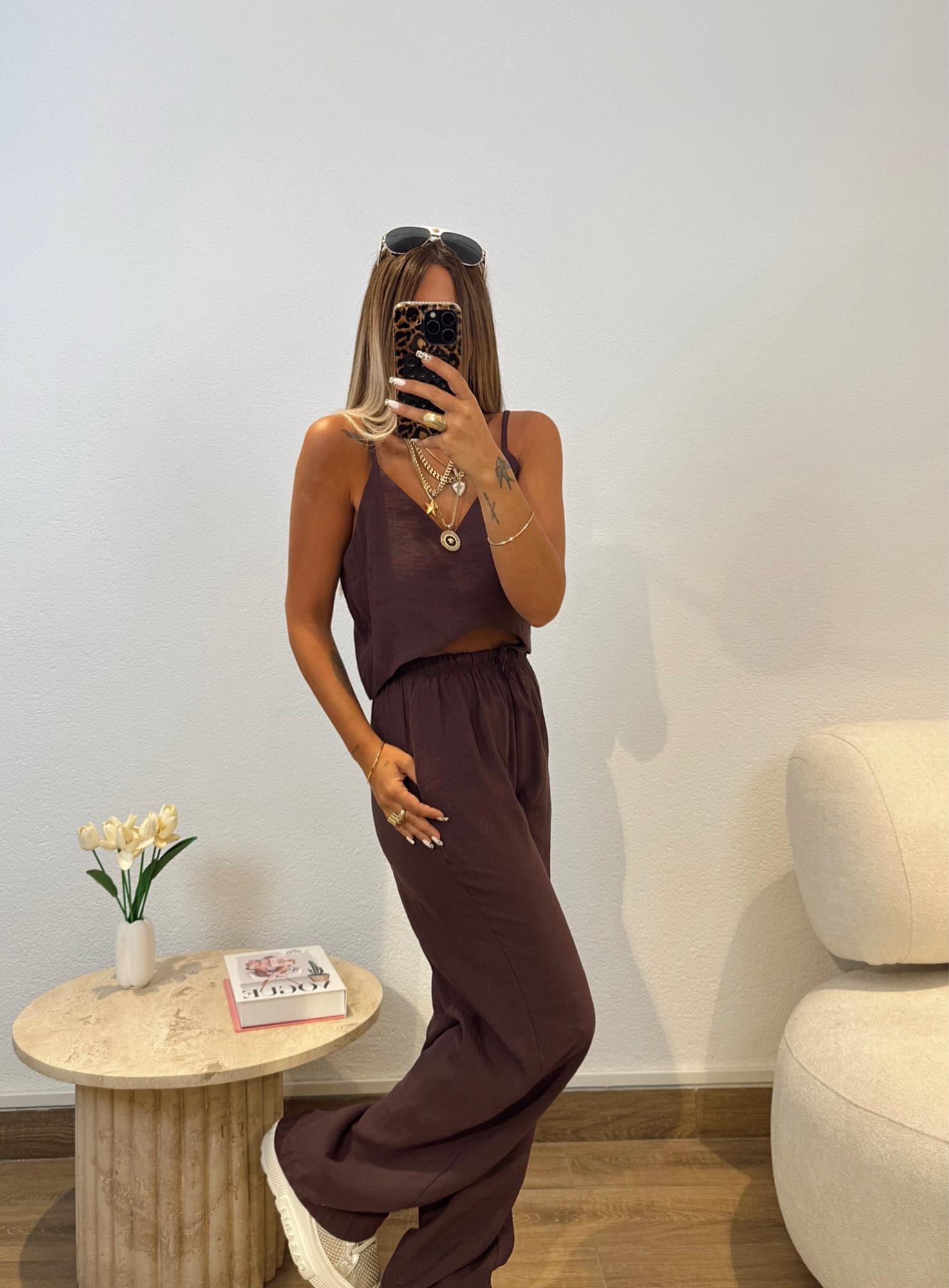 Tensel Crop-Pantolon Kahve Takım