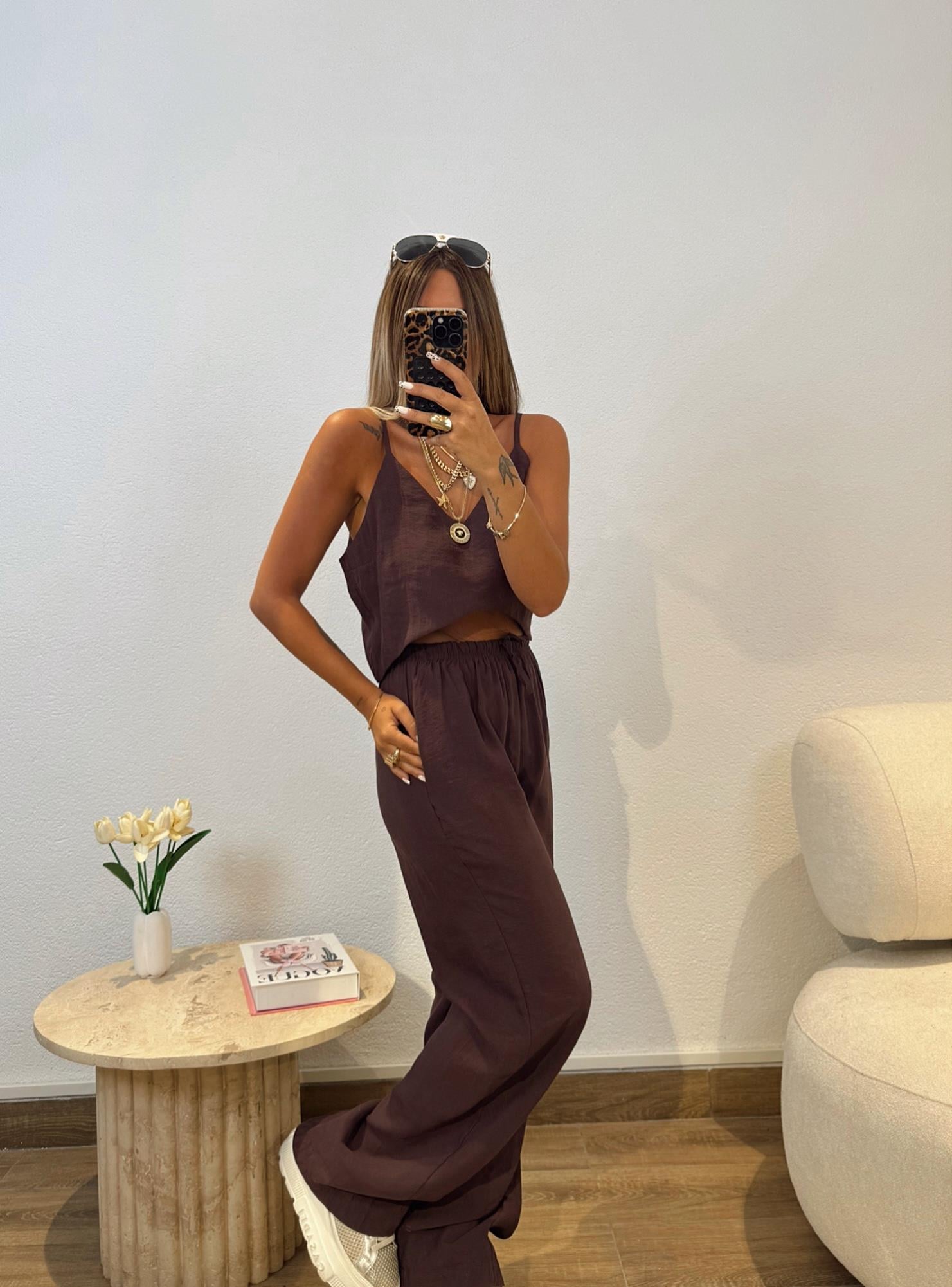 Tensel Crop-Pantolon Kahve Takım