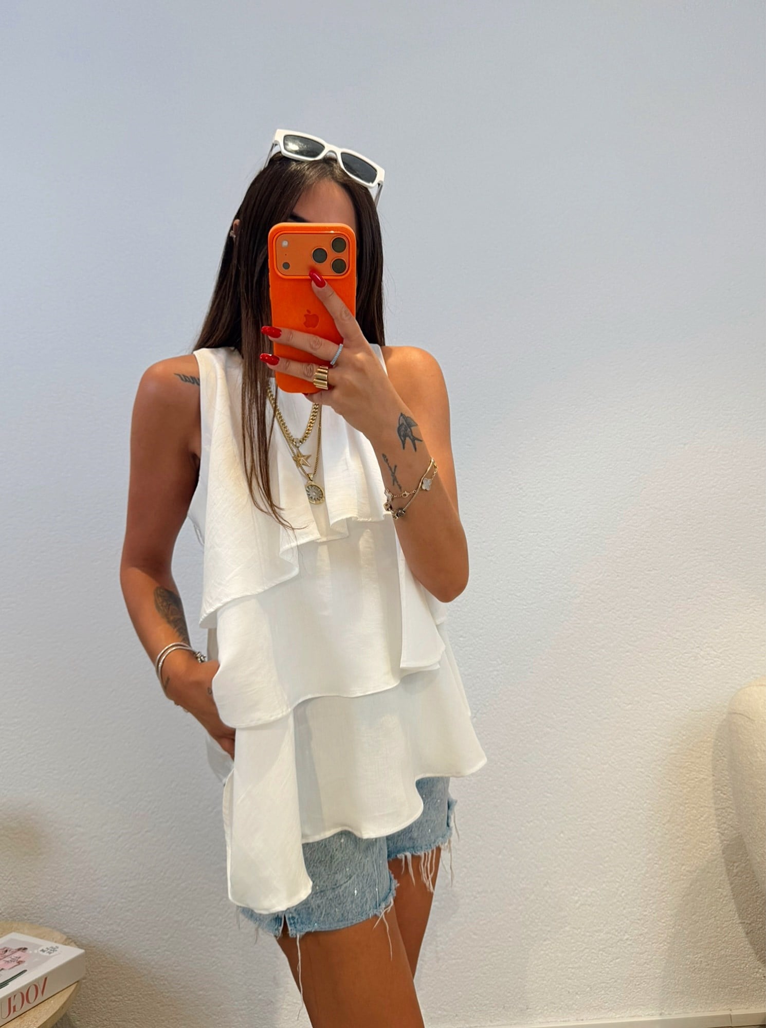Tensel Katlı Beyaz Bluz
