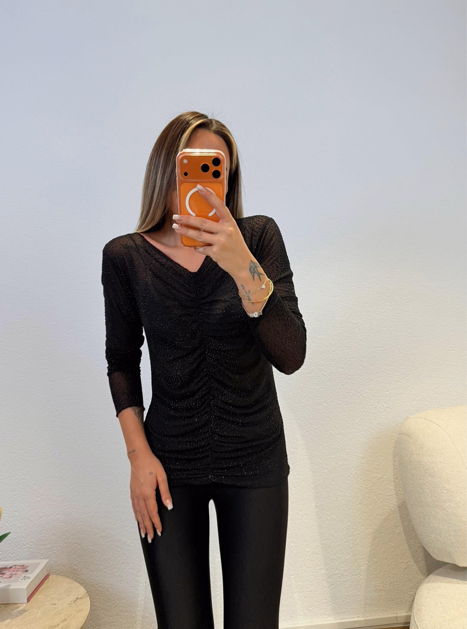 Transparan Simli Büzgülü Bluz