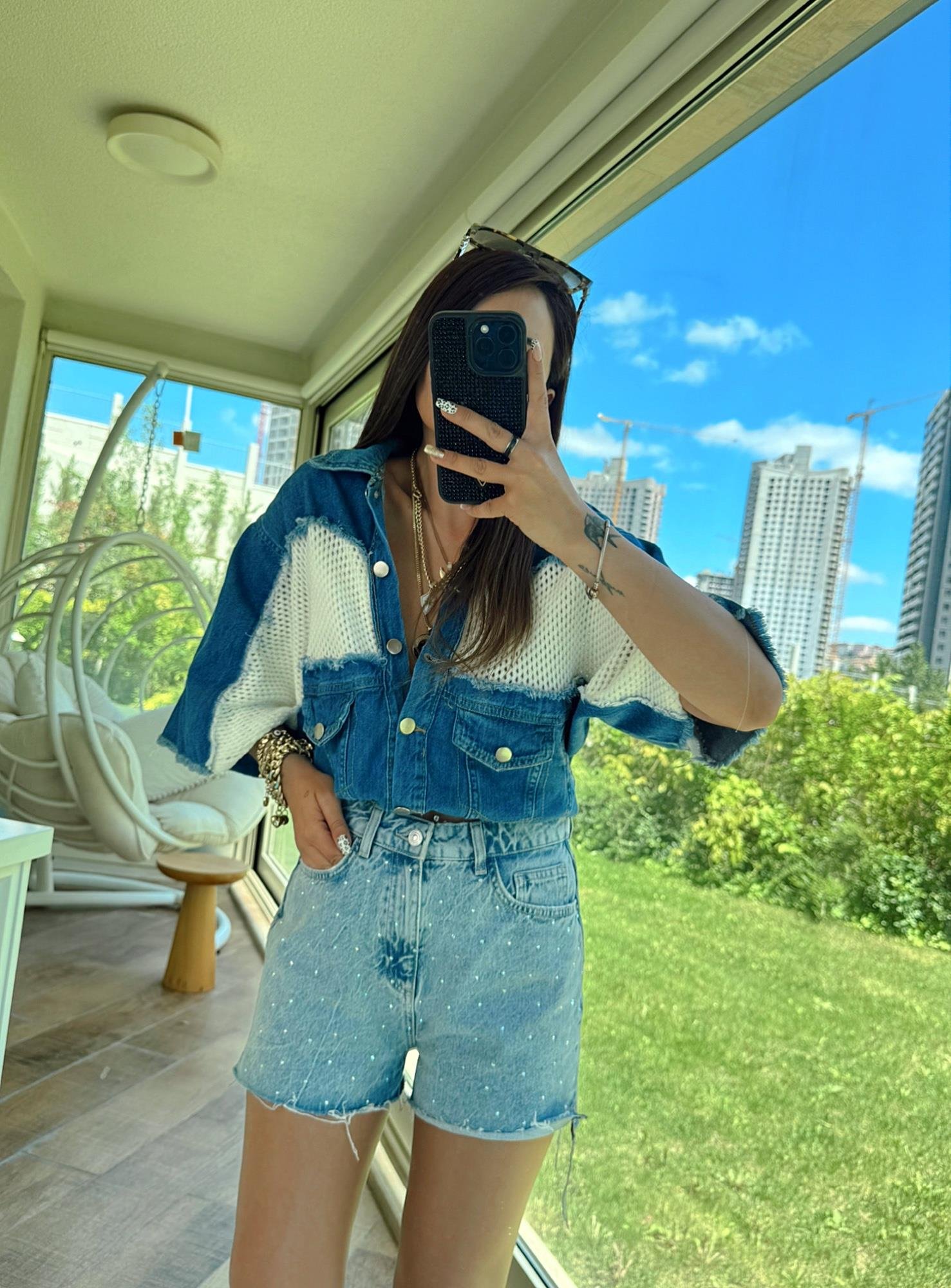 Triko Detay Jean Crop Ceket