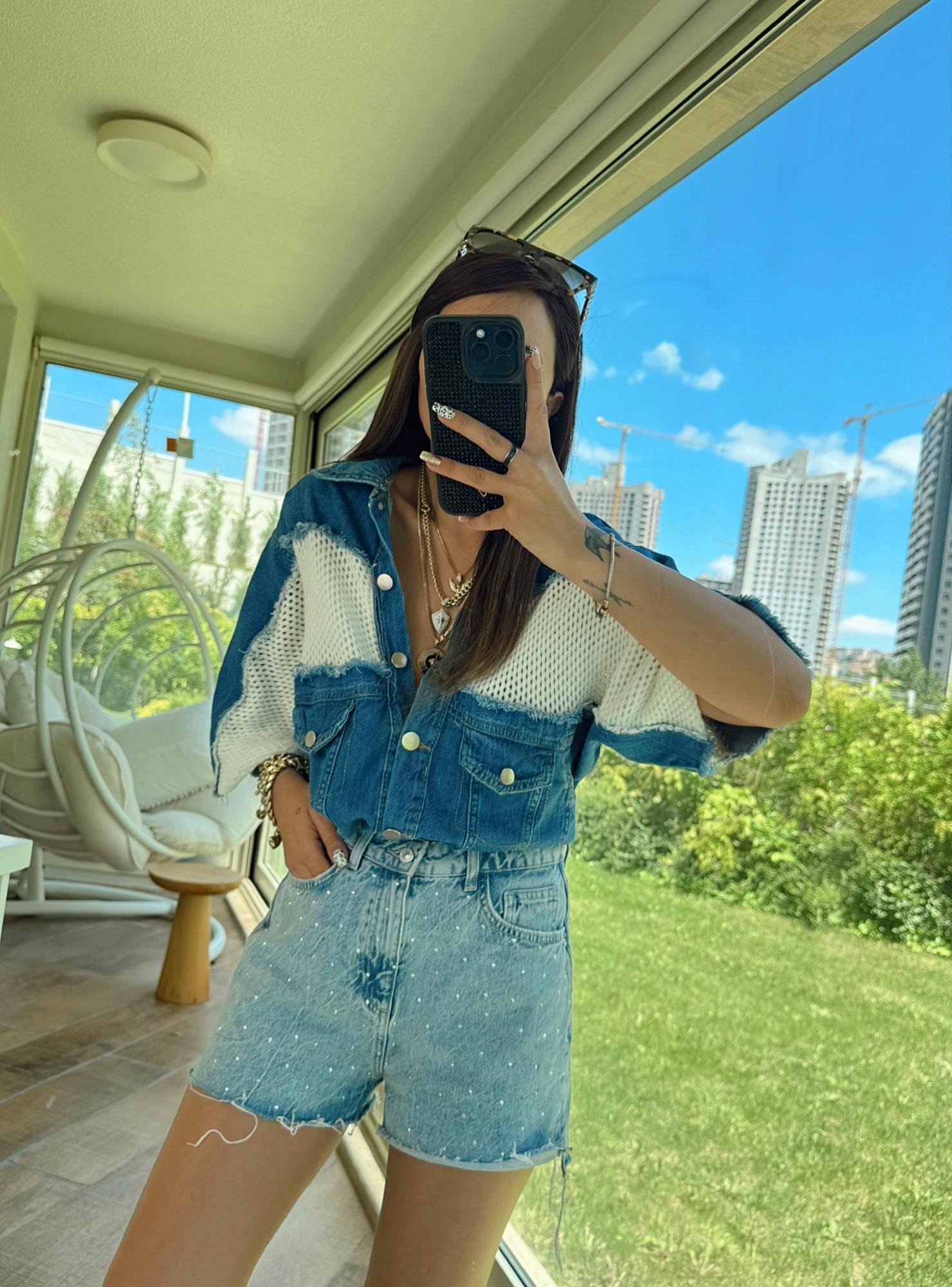 Triko Detay Jean Crop Ceket
