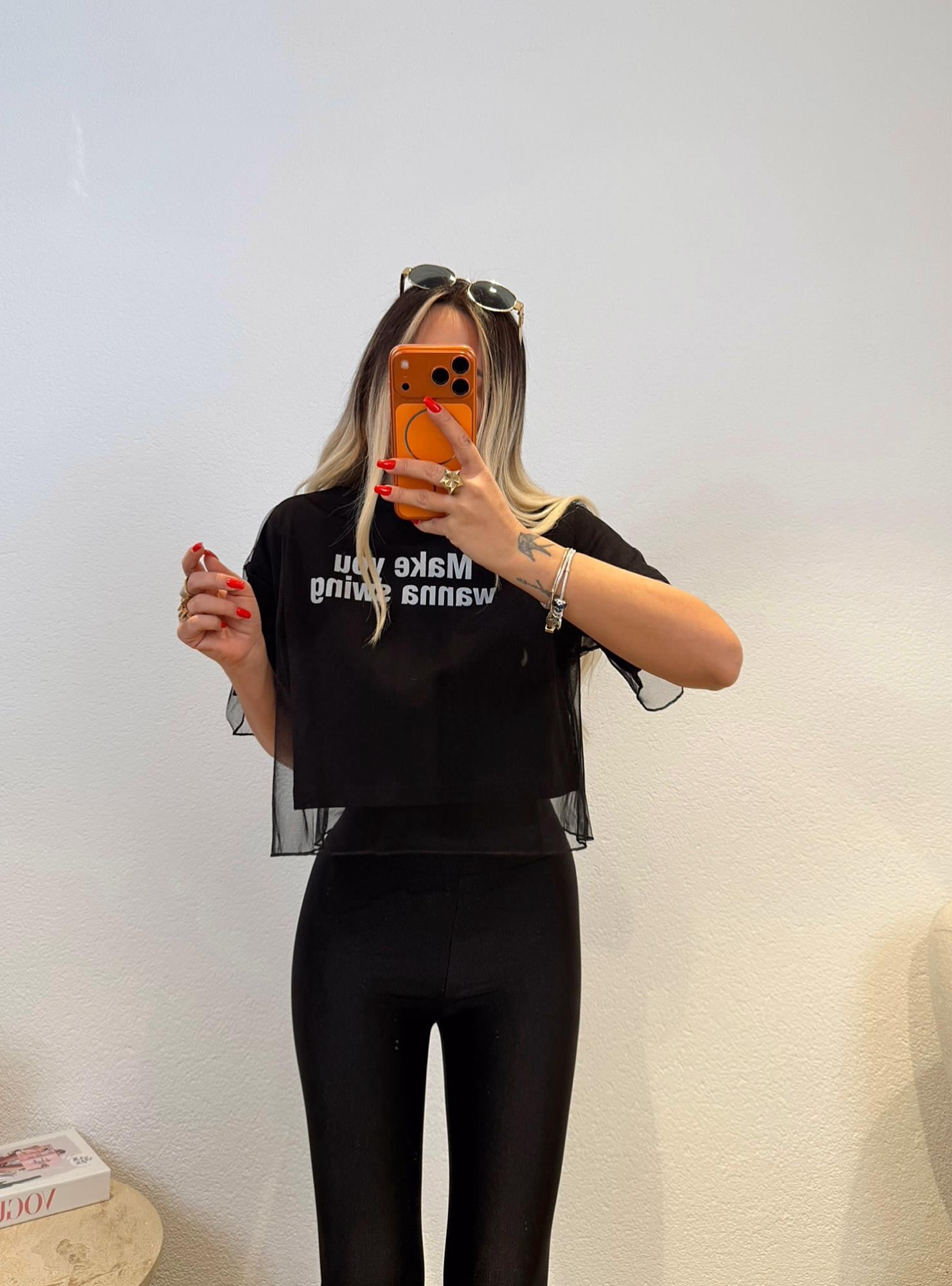 Tül Detay Crop Bluz