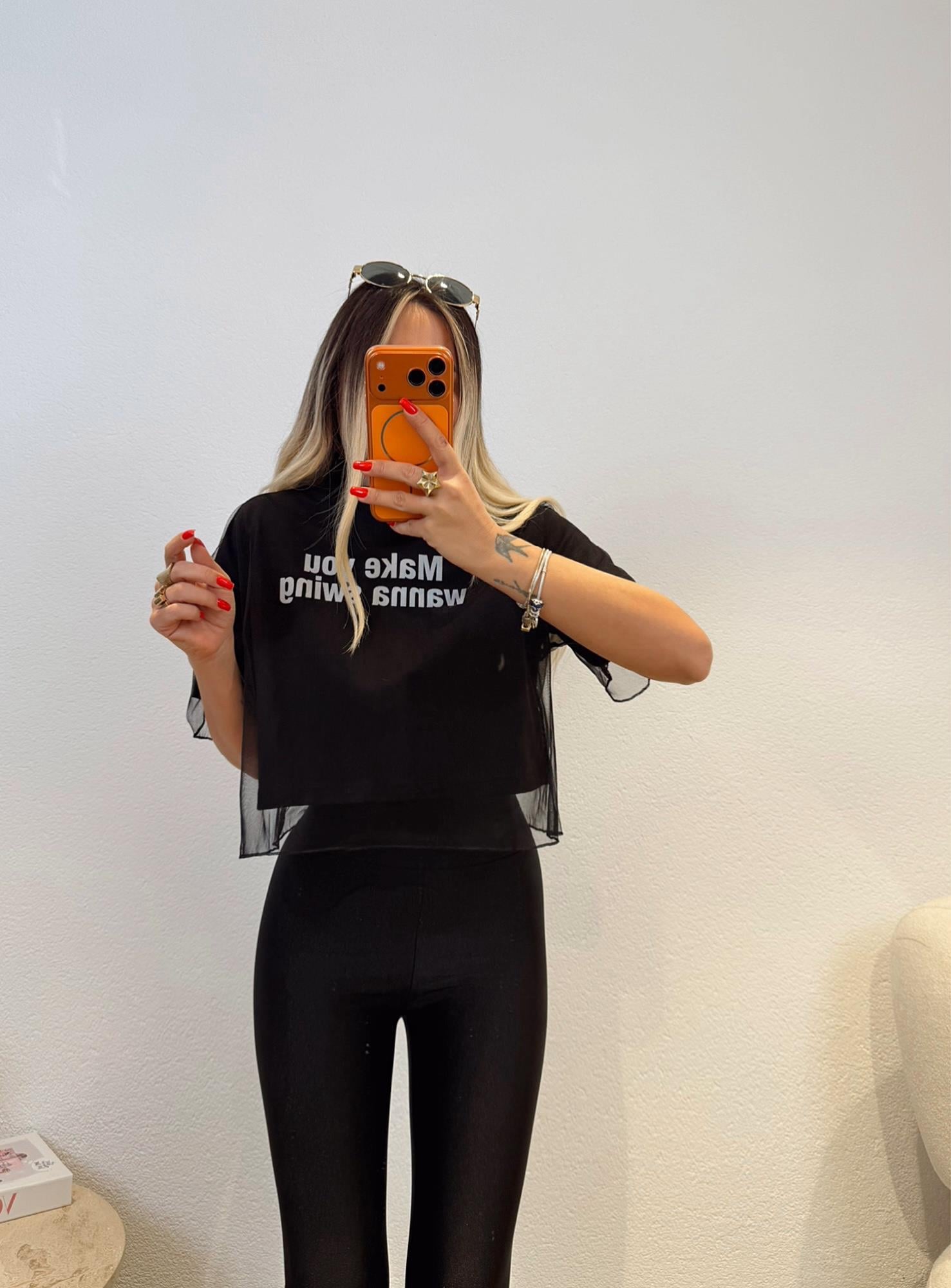 Tül Detay Crop Bluz