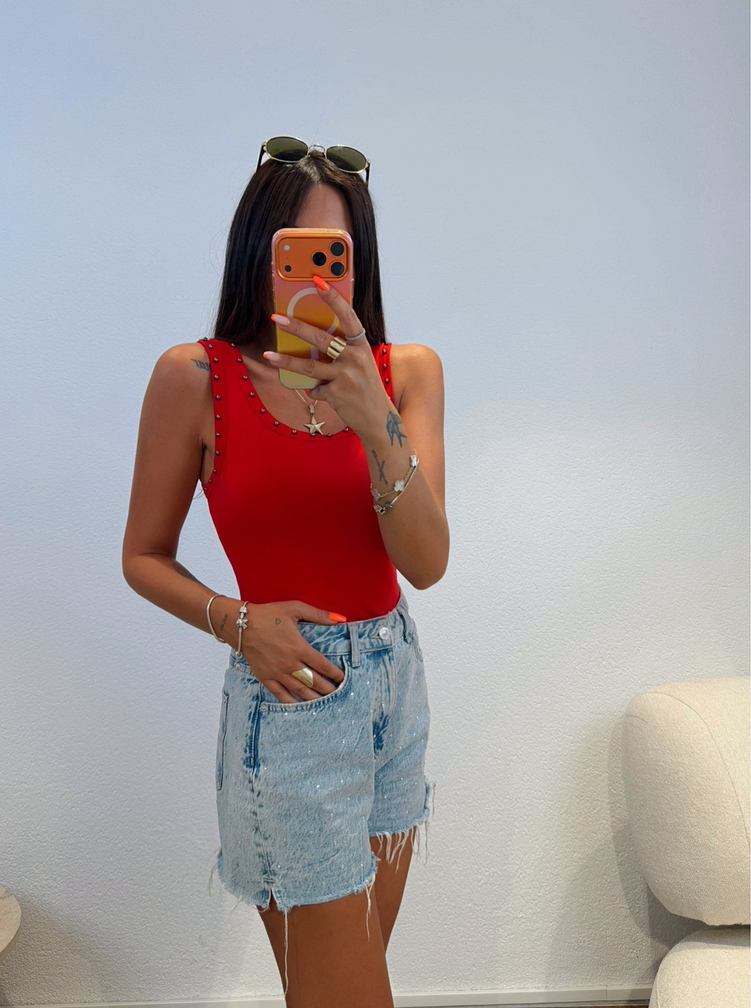 U Yaka Taşlı Kırmızı Modal Atlet