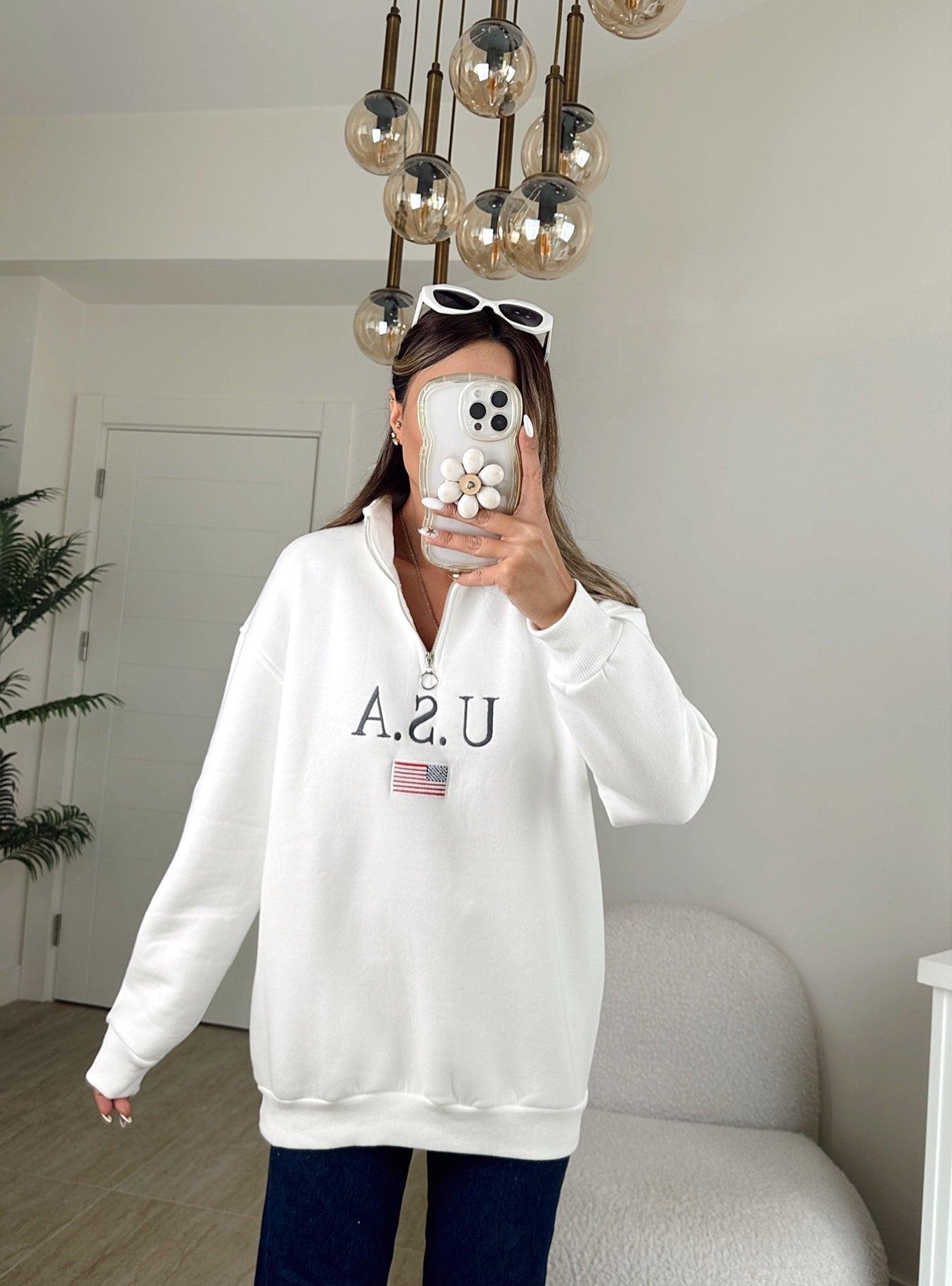 Usa Fermuarlı Şardonlu Beyaz Sweatshirt