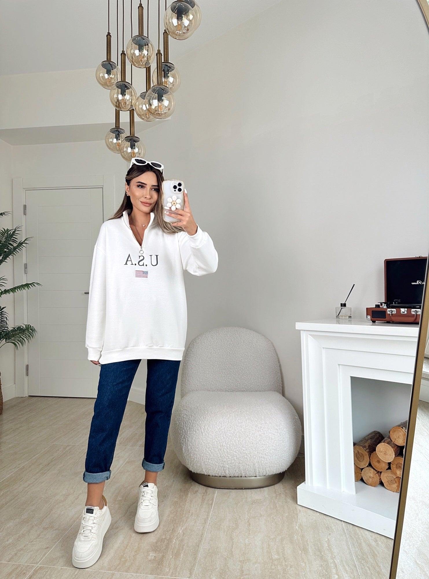 Usa Fermuarlı Şardonlu Beyaz Sweatshirt
