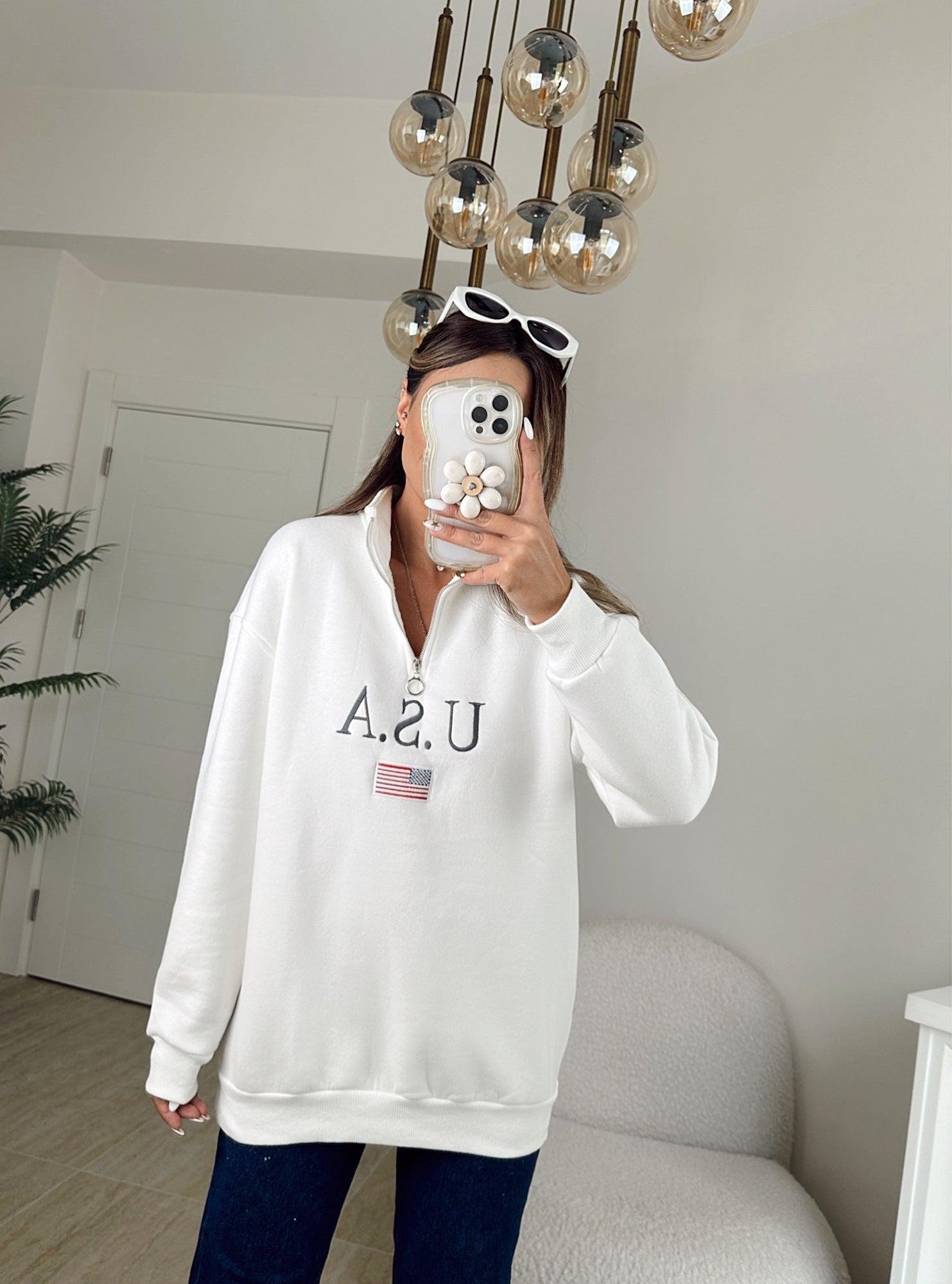Usa Fermuarlı Şardonlu Beyaz Sweatshirt