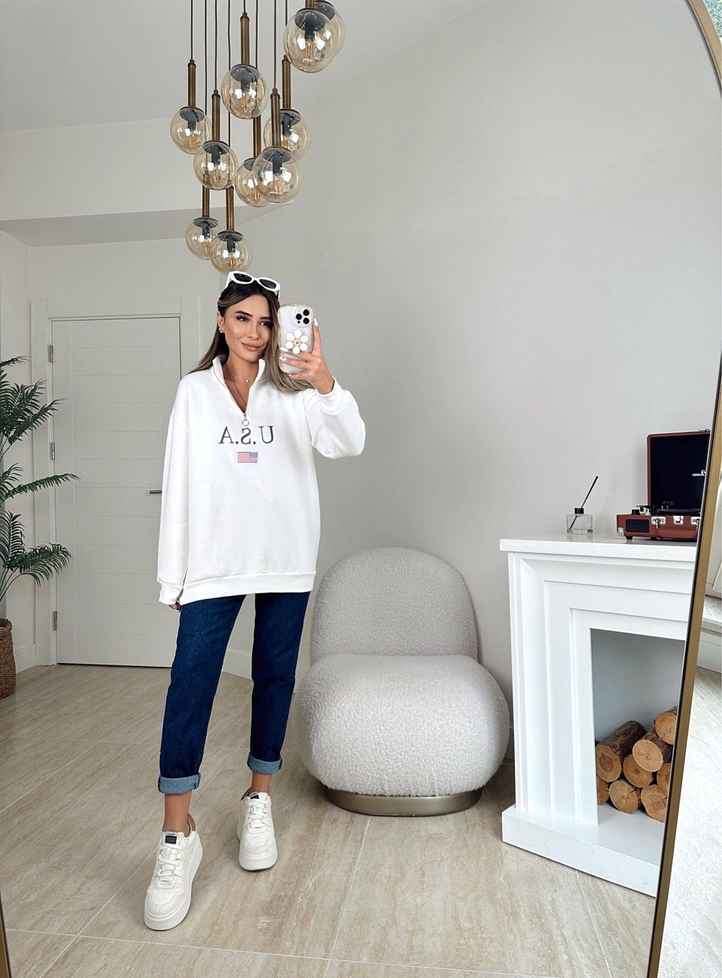 Usa Fermuarlı Şardonlu Beyaz Sweatshirt