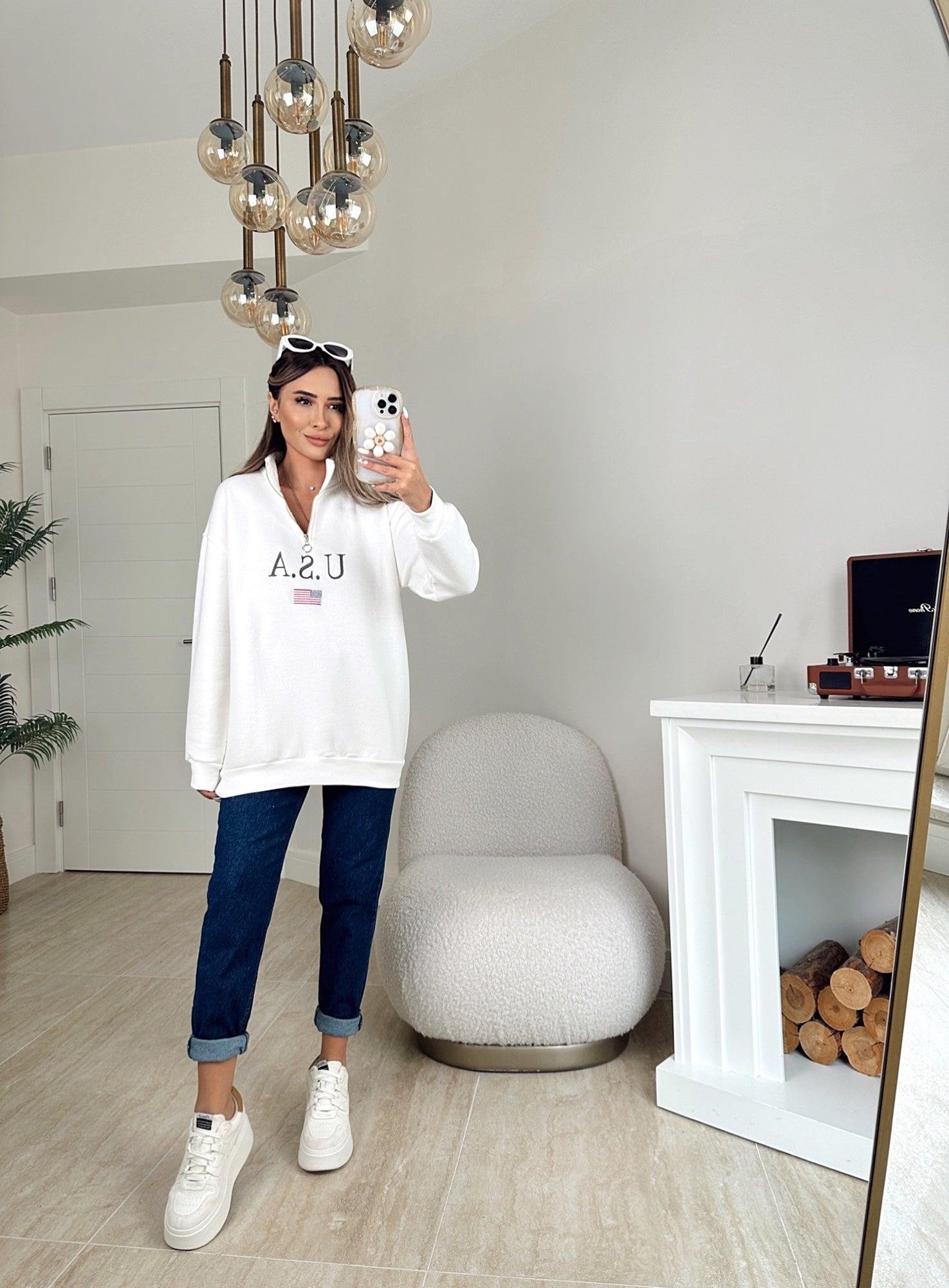 Usa Fermuarlı Şardonlu Beyaz Sweatshirt