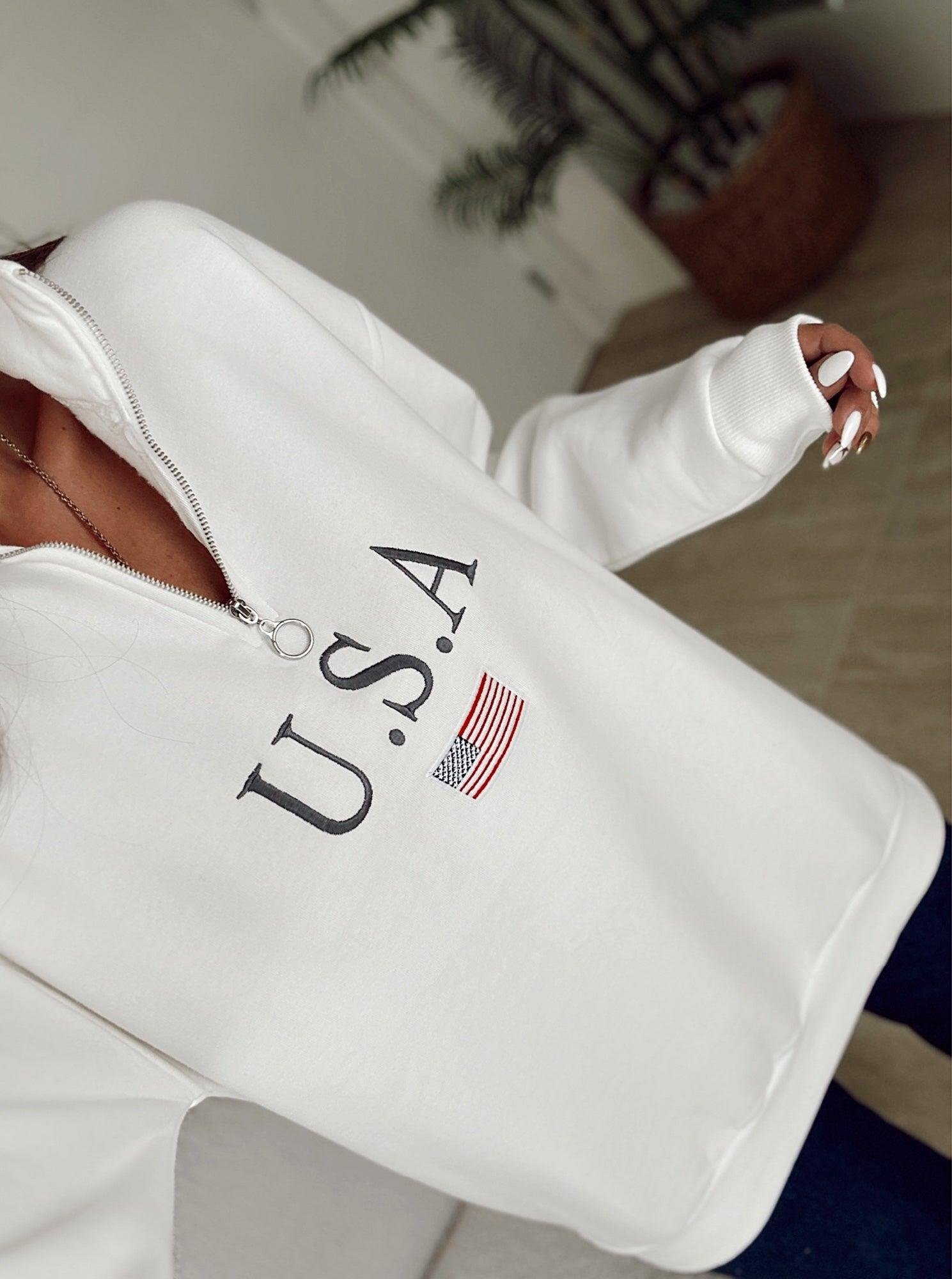 Usa Fermuarlı Şardonlu Beyaz Sweatshirt