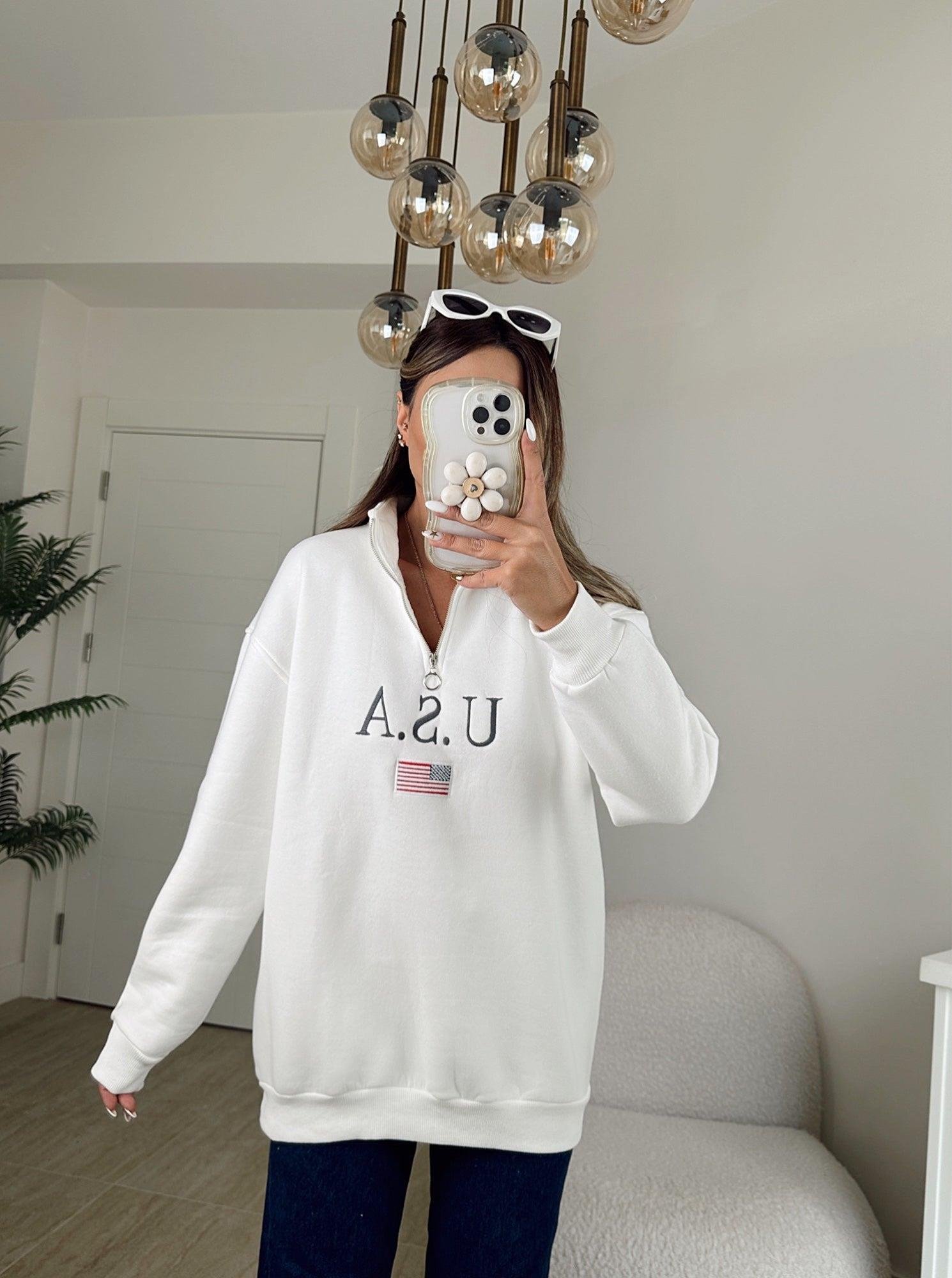 Usa Fermuarlı Şardonlu Beyaz Sweatshirt