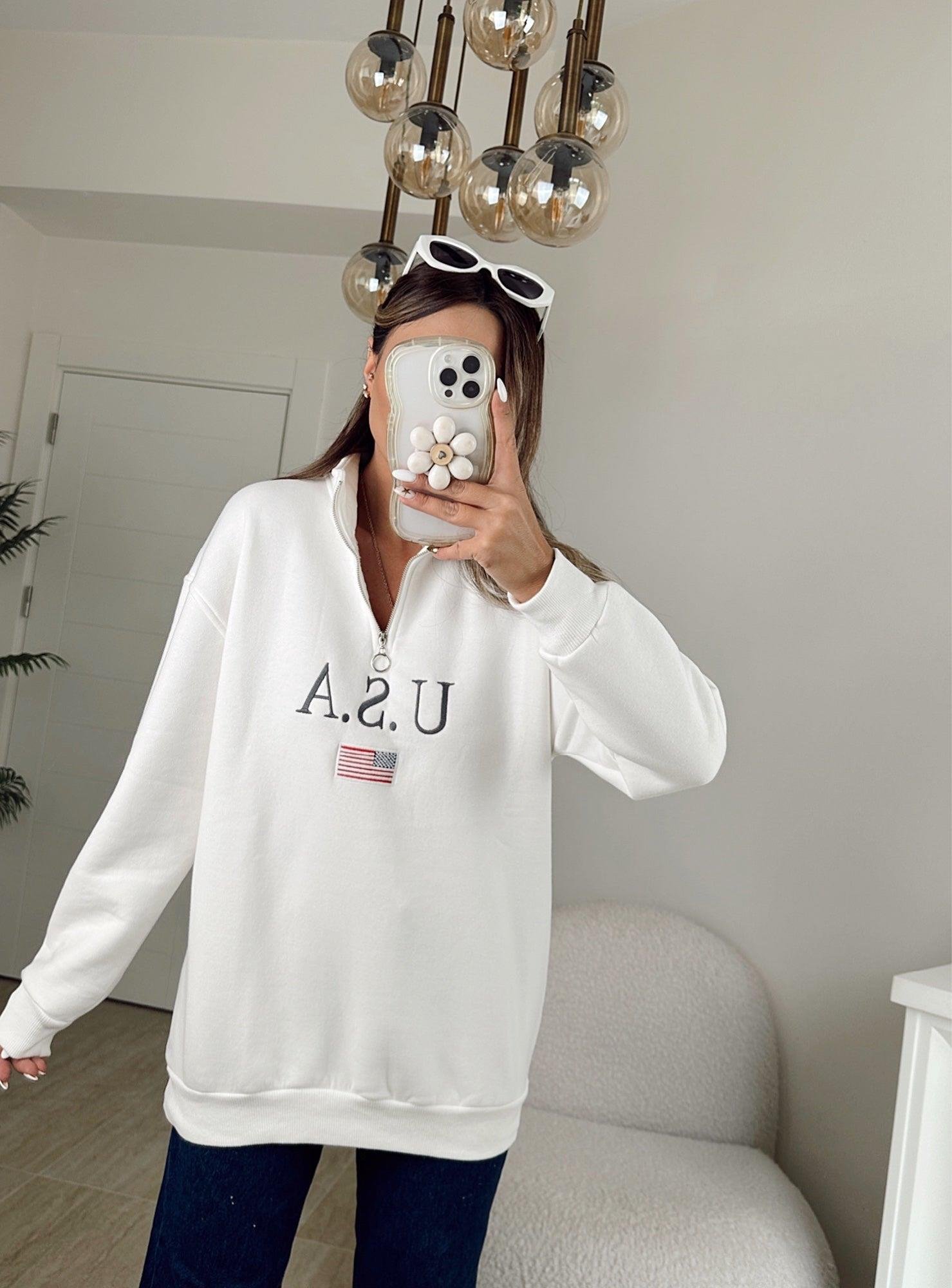 Usa Fermuarlı Şardonlu Beyaz Sweatshirt