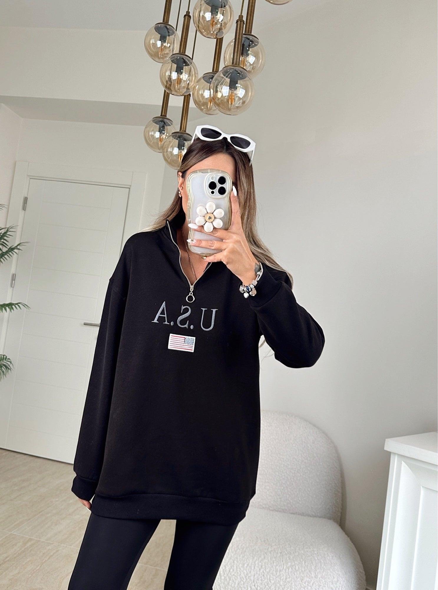 Usa Fermuarlı Şardonlu Siyah Sweatshirt