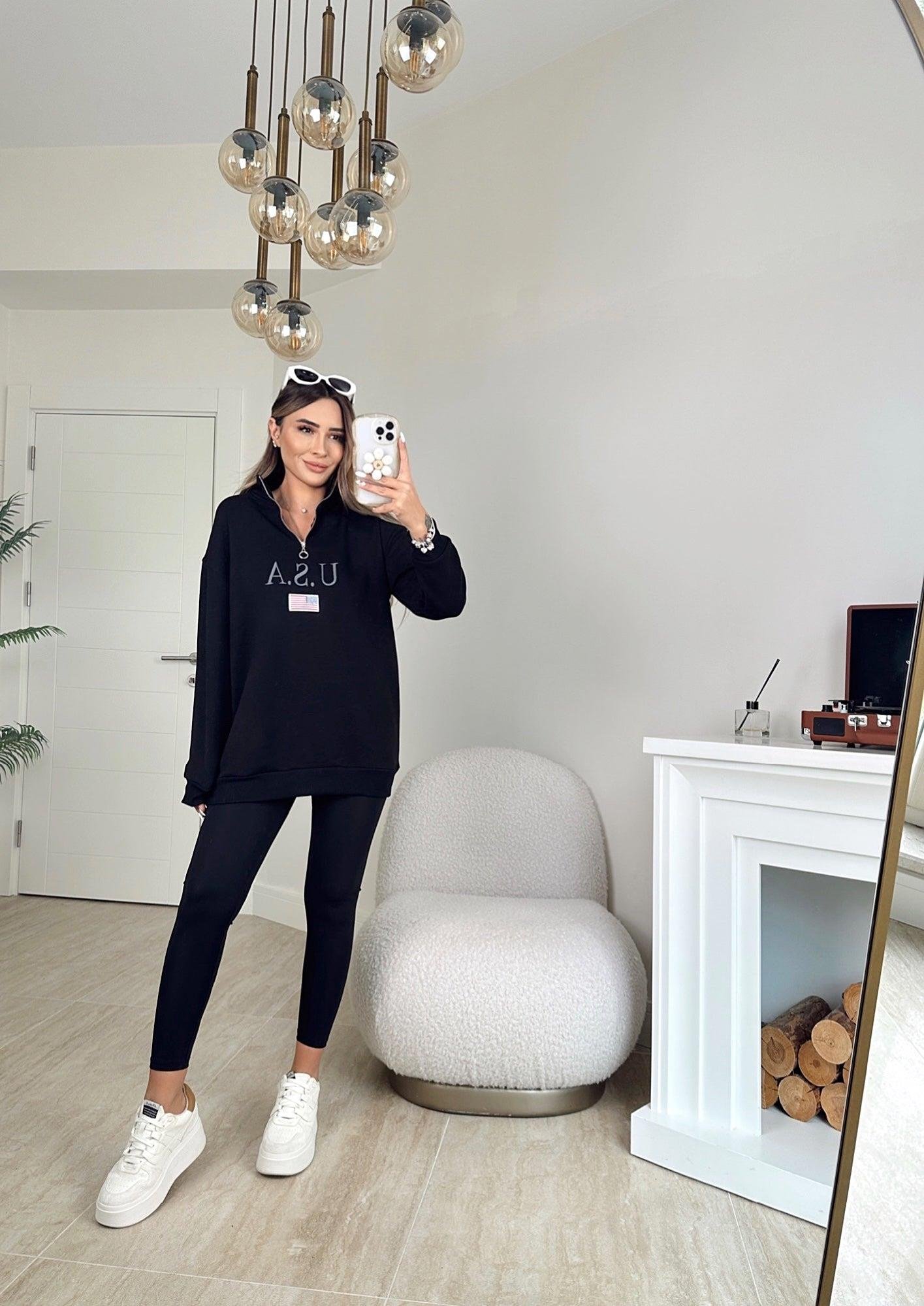 Usa Fermuarlı Şardonlu Siyah Sweatshirt