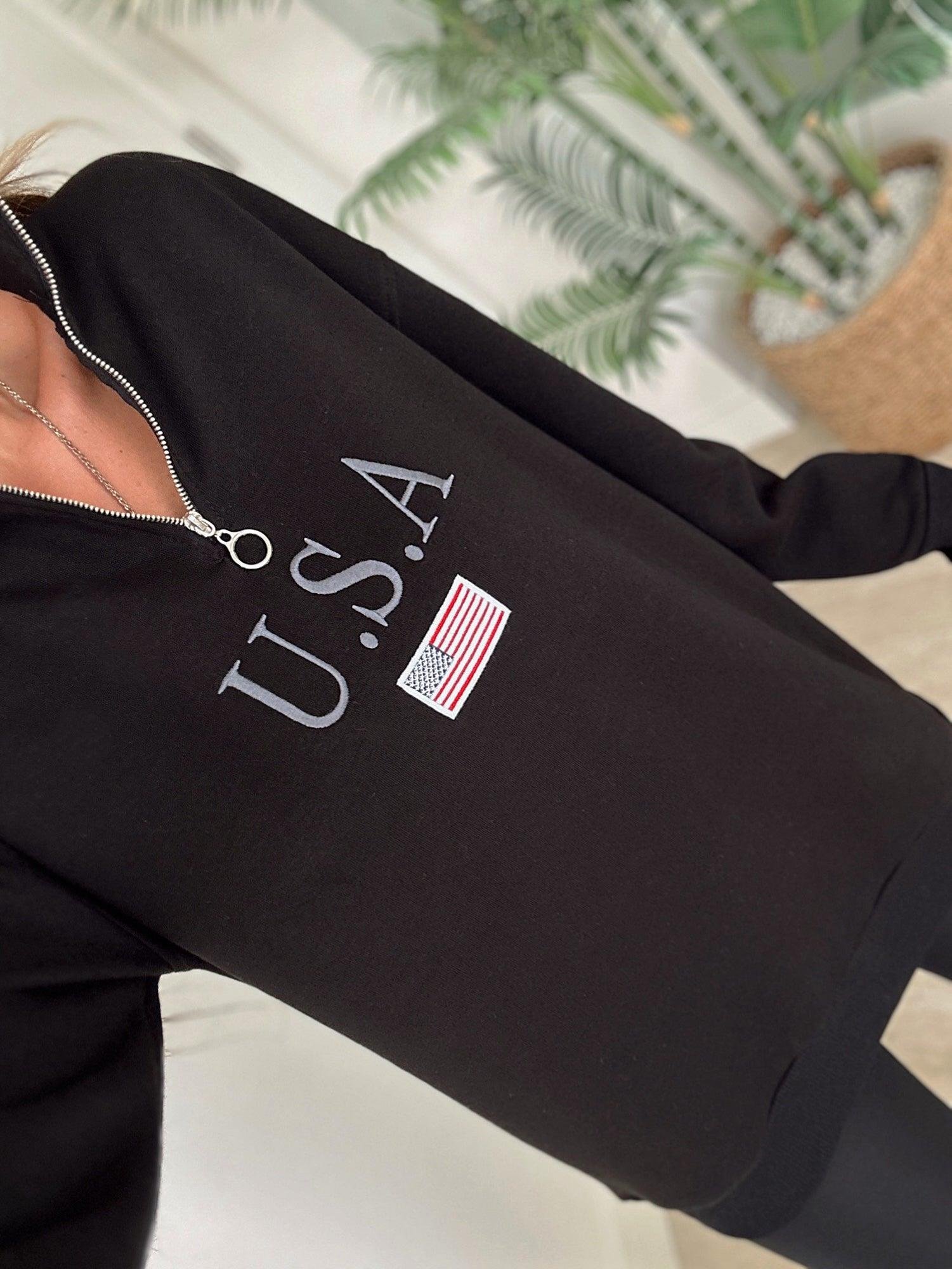 Usa Fermuarlı Şardonlu Siyah Sweatshirt