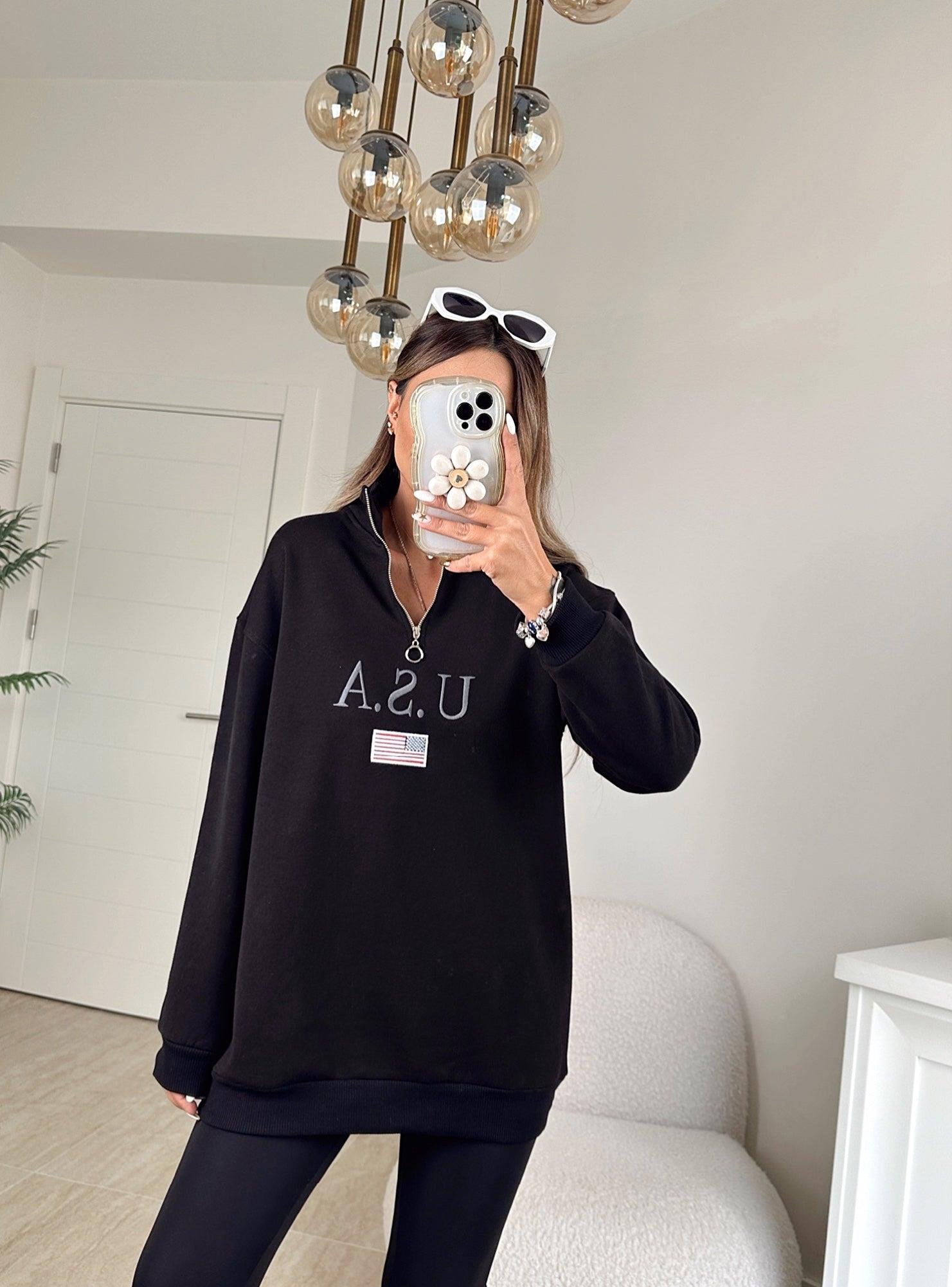 Usa Fermuarlı Şardonlu Siyah Sweatshirt