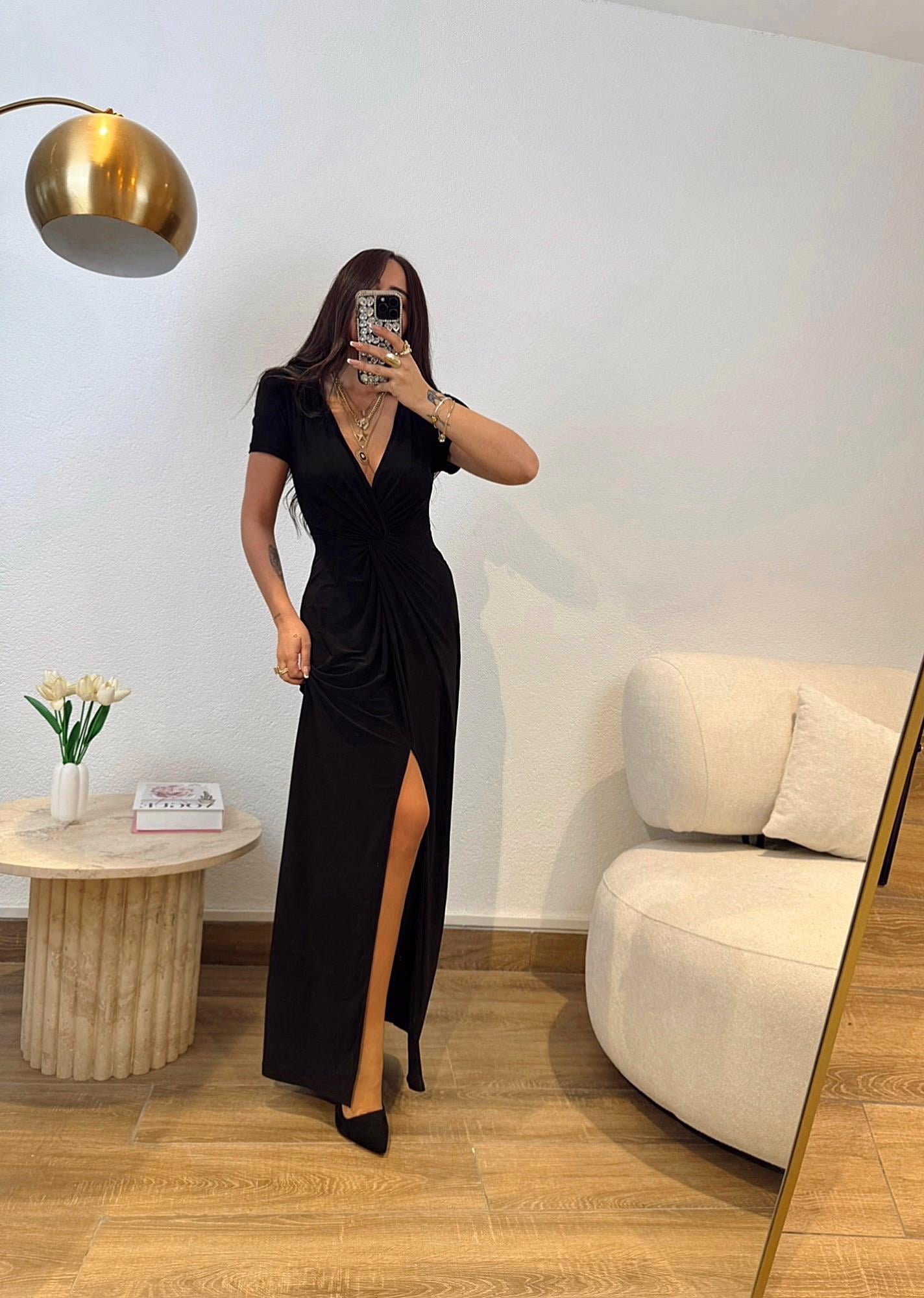 V Yaka Düğümlü Maxi Elbise