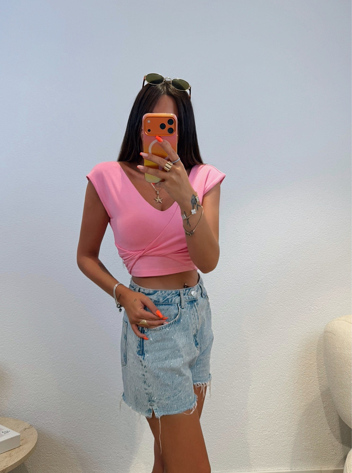 V Yaka Düğümlü Modal Pembe Crop