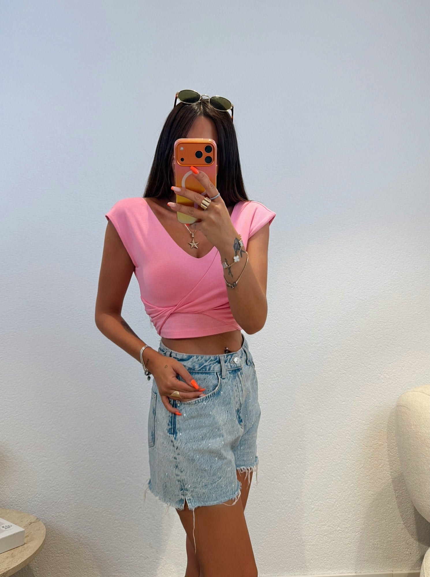 V Yaka Düğümlü Modal Pembe Crop