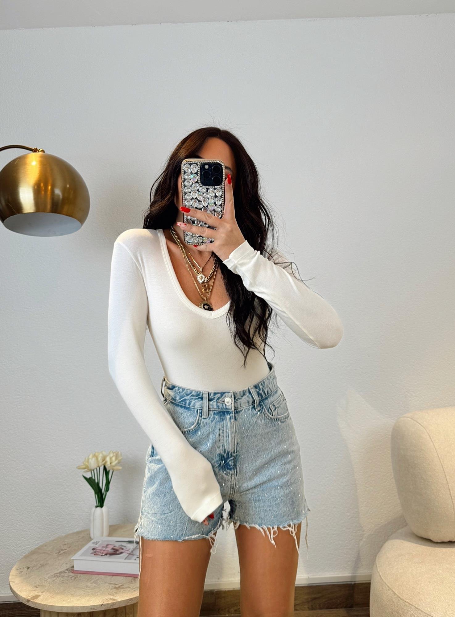 V Yaka Ekru Bodysuit