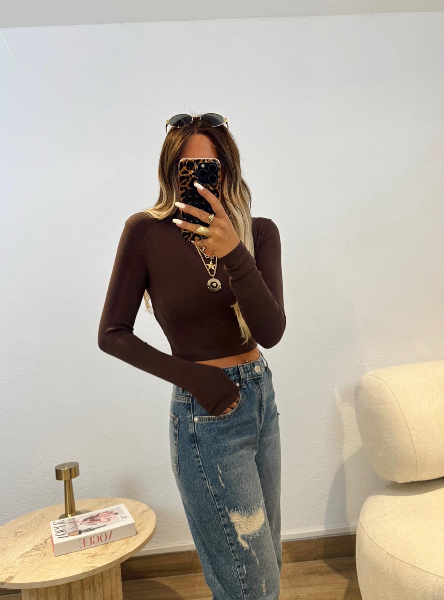 V Yaka Pamuklu Kahve Crop