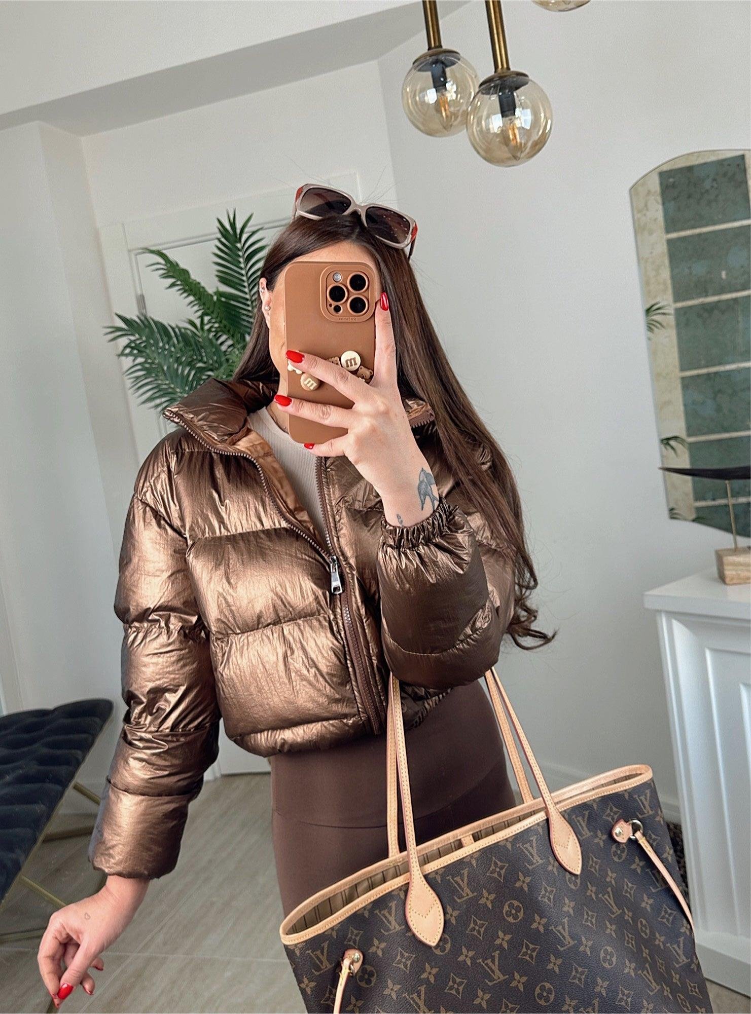 Varaklı Bronz Kahve Crop Şişme Mont