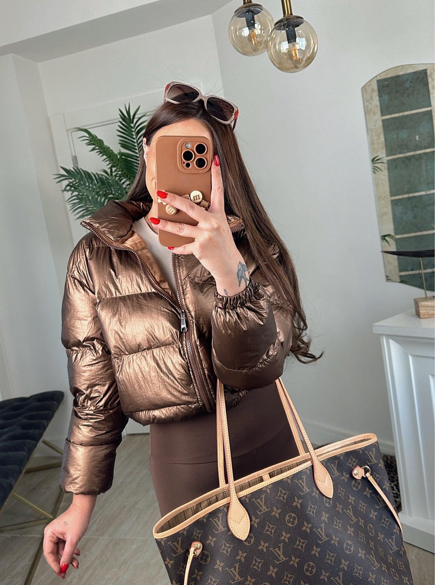 Varaklı Bronz Kahve Crop Şişme Mont