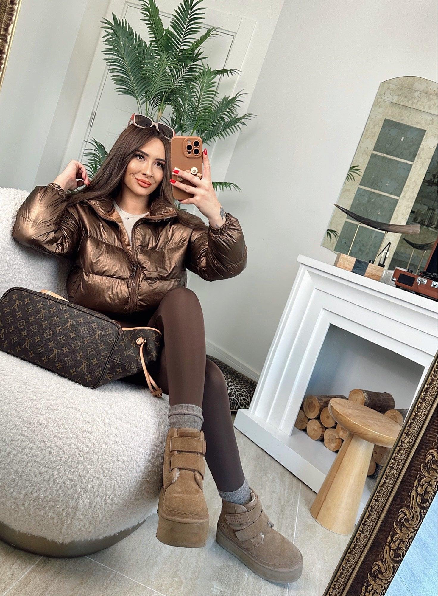Varaklı Bronz Kahve Crop Şişme Mont