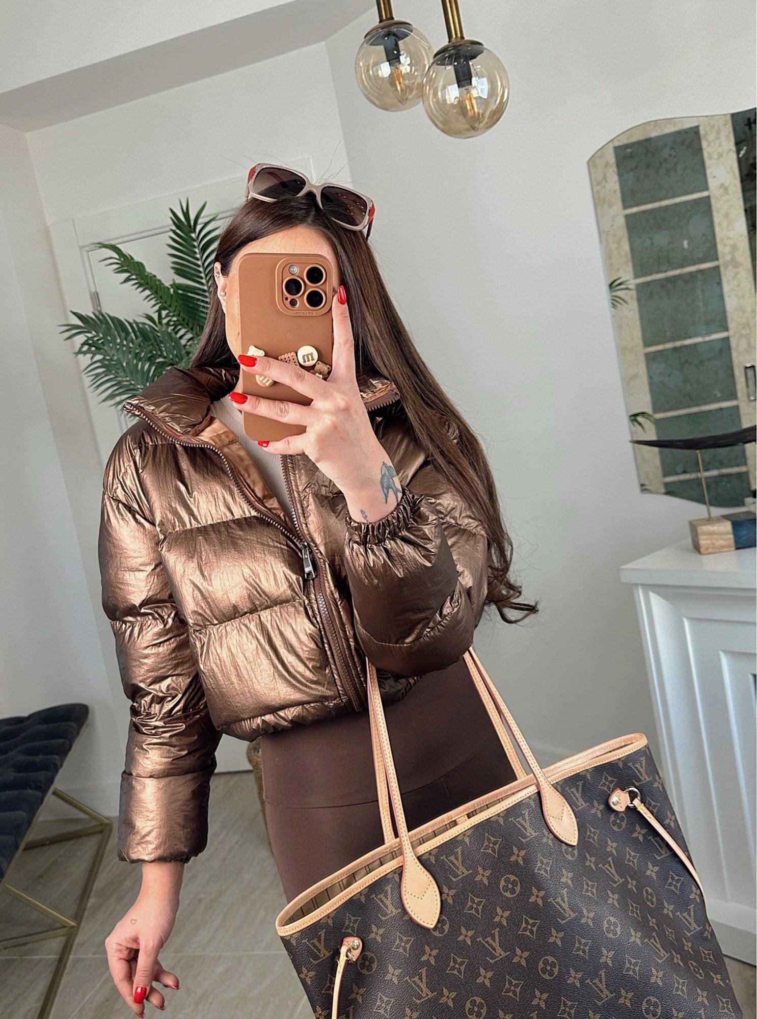 Varaklı Bronz Kahve Crop Şişme Mont