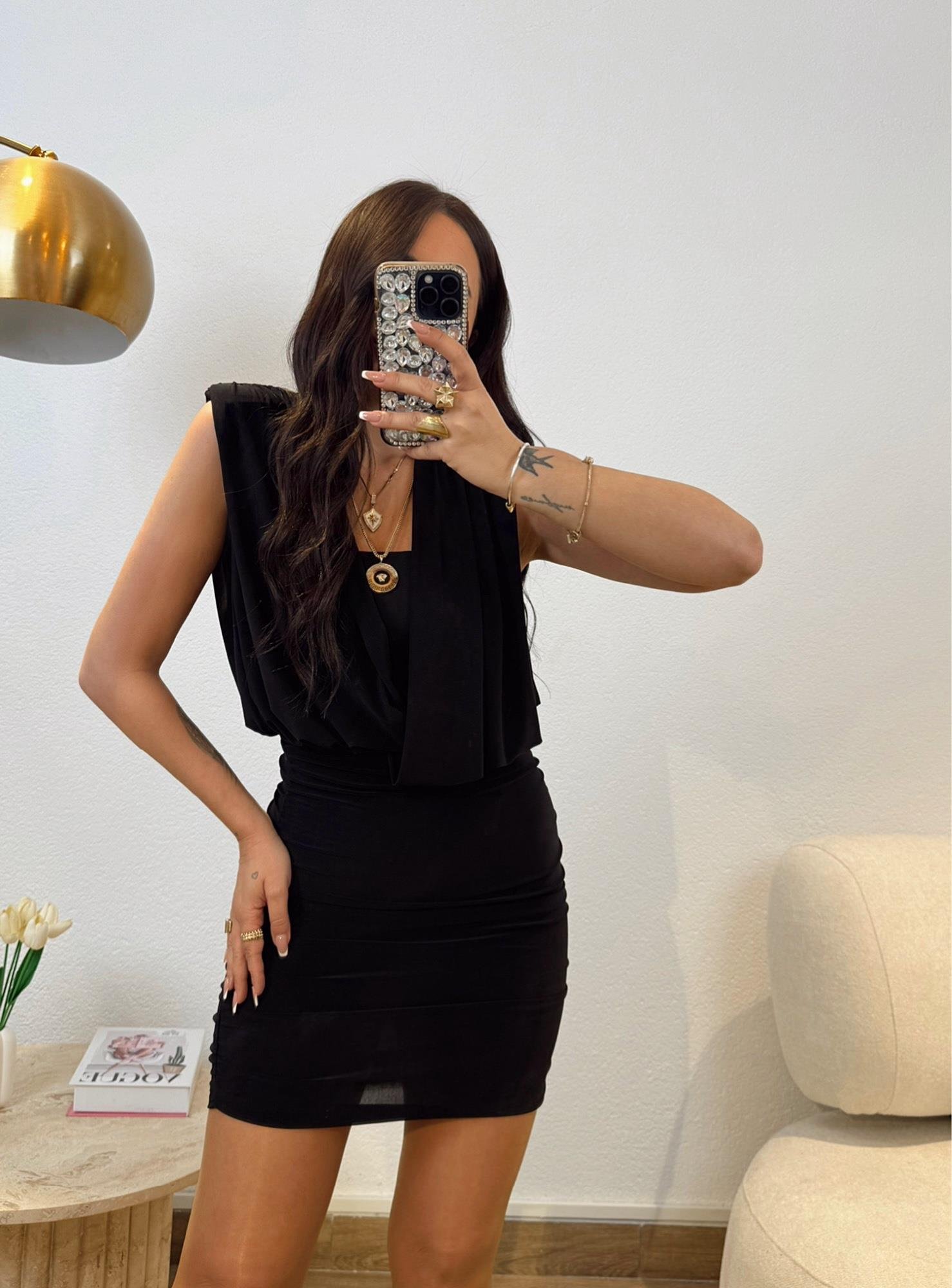 Vatkalı Drapeli Mini Elbise