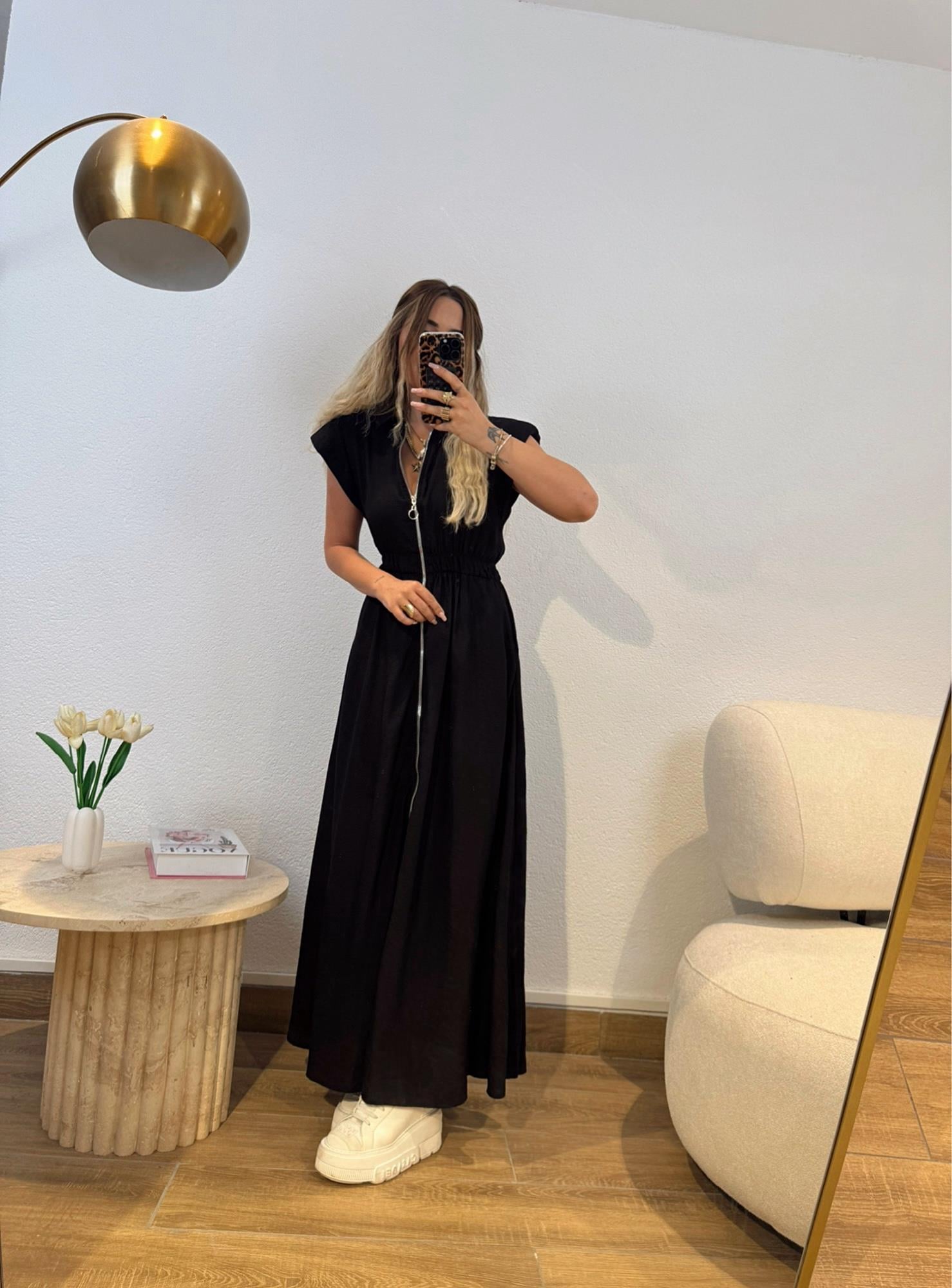 Vatkalı Fermuar Detay Maxi Basic Elbise