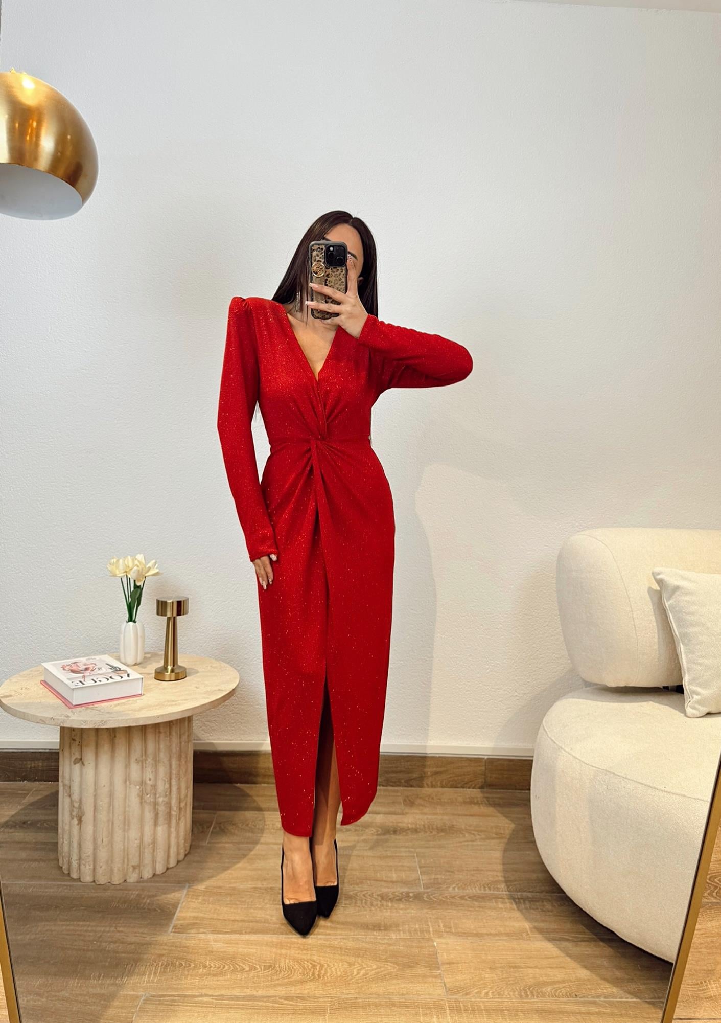 Vatkalı Simli Kırmızı Midi Boy Elbise