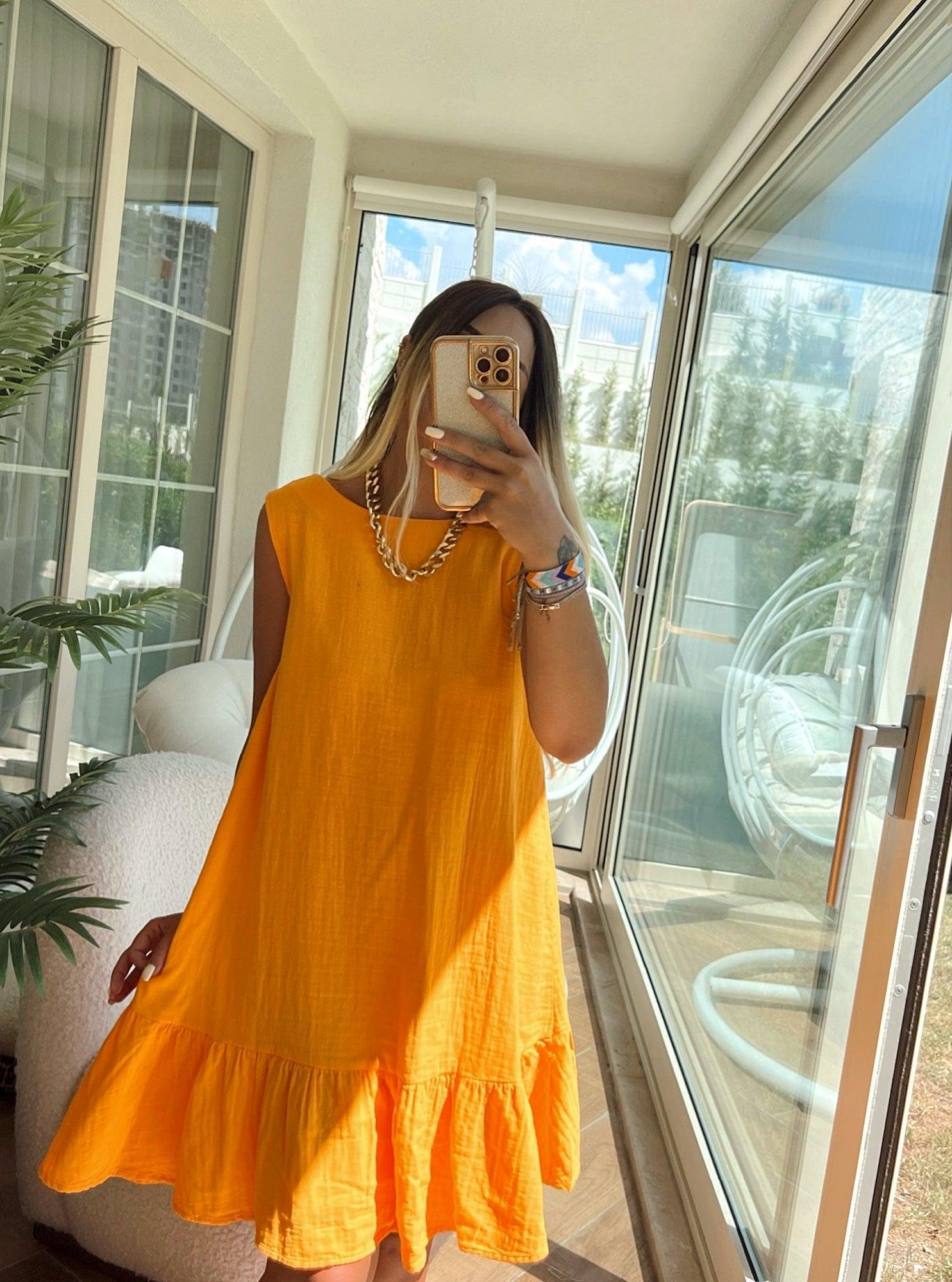 Volanlı Müslin Kumaş Orange Elbise