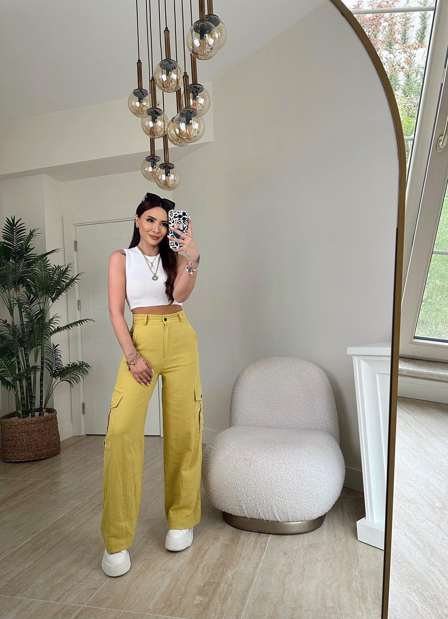 Yağ Yeşili Keten Kargo Pantolon