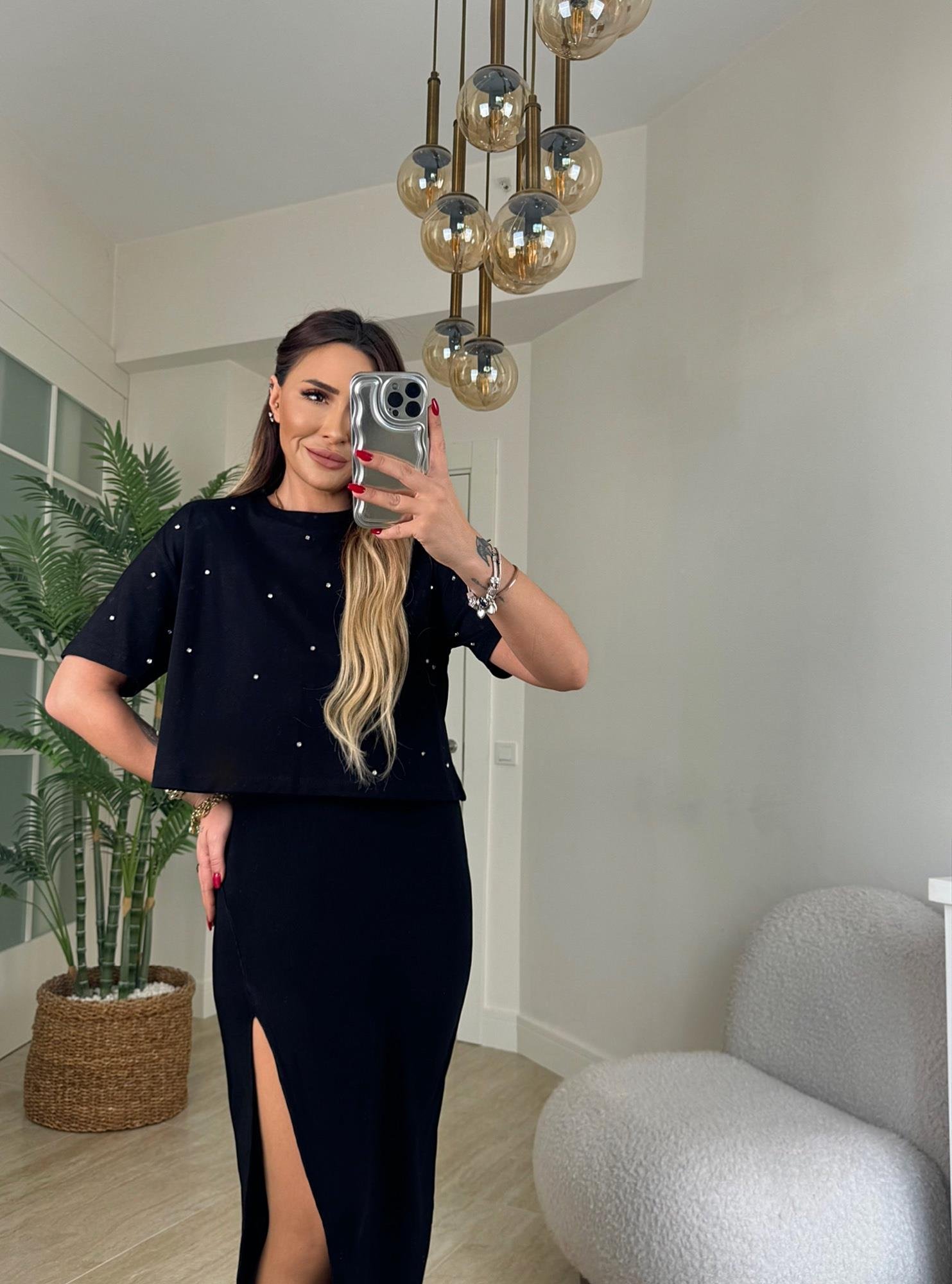 Yanı Yırtmaçlı Çelik Kumaş Midi Boy Etek