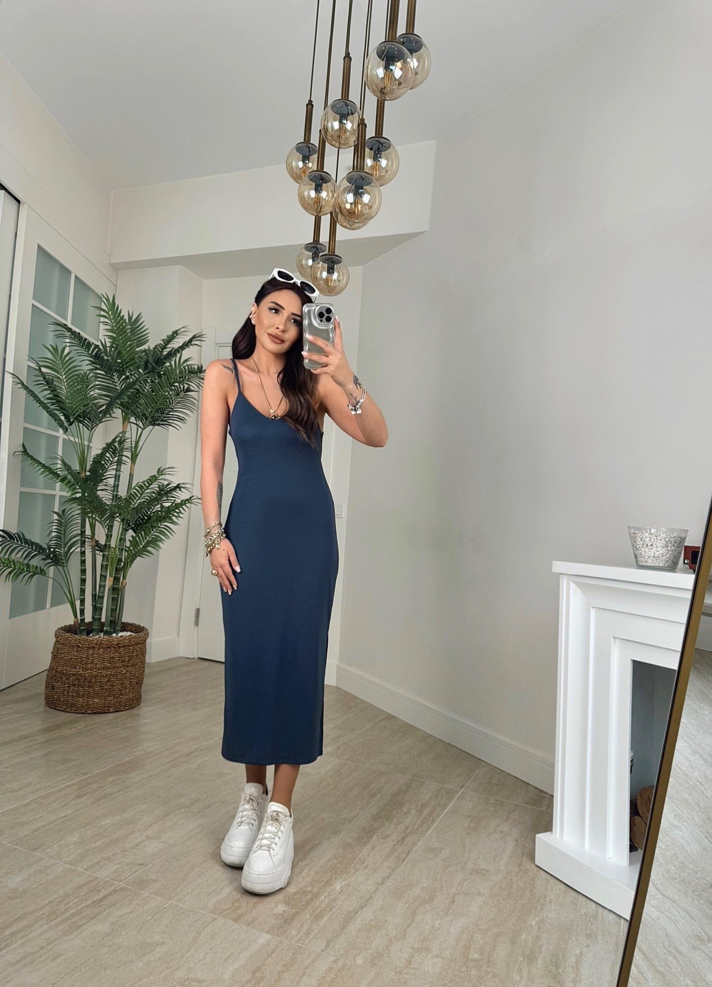 Yanı Yırtmaçlı Modal Doku İp Askılı Antrasit Elbise
