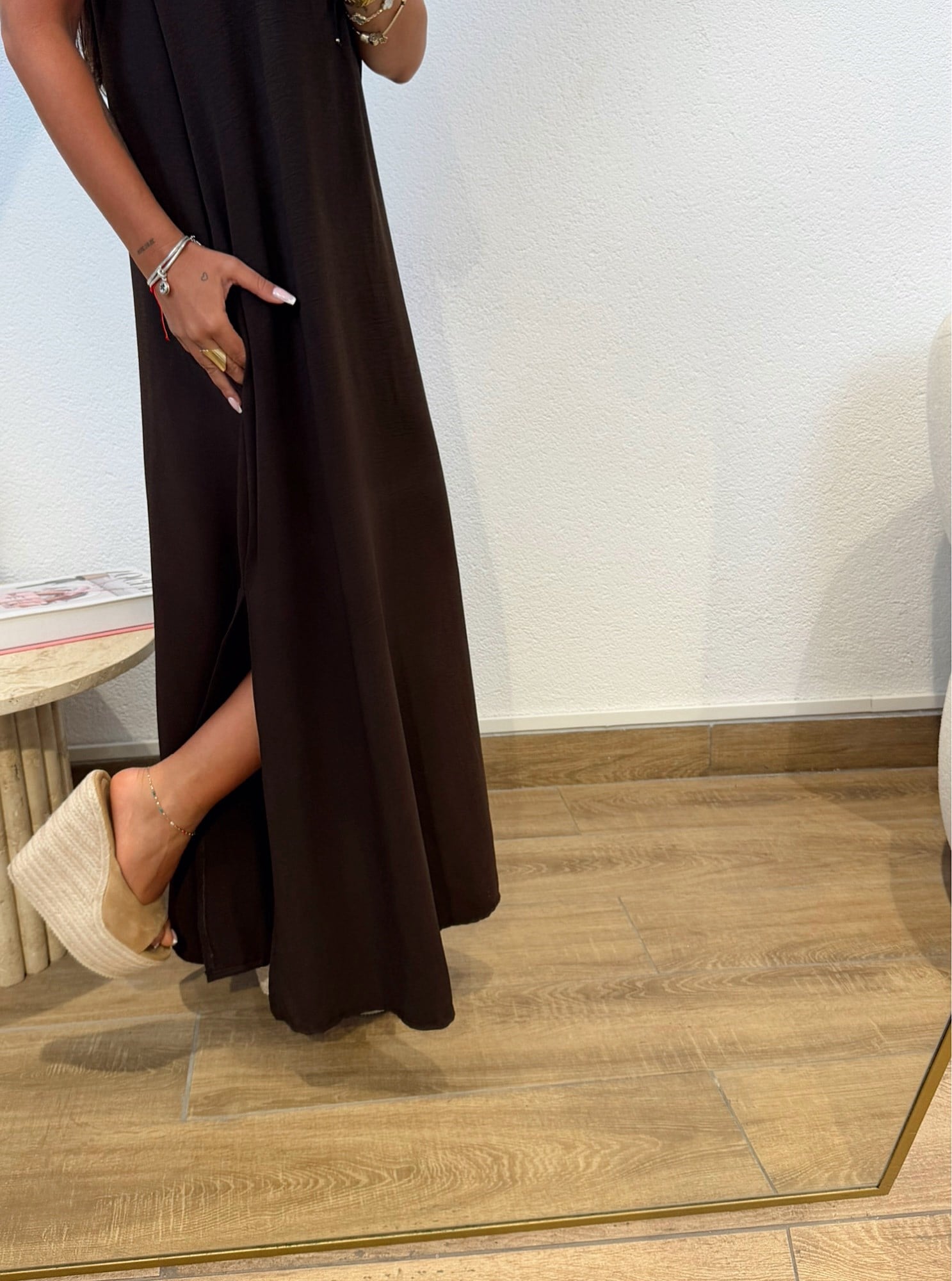 Yanları Yırtmaçlı Cepli Ayrobin Kahve Elbise