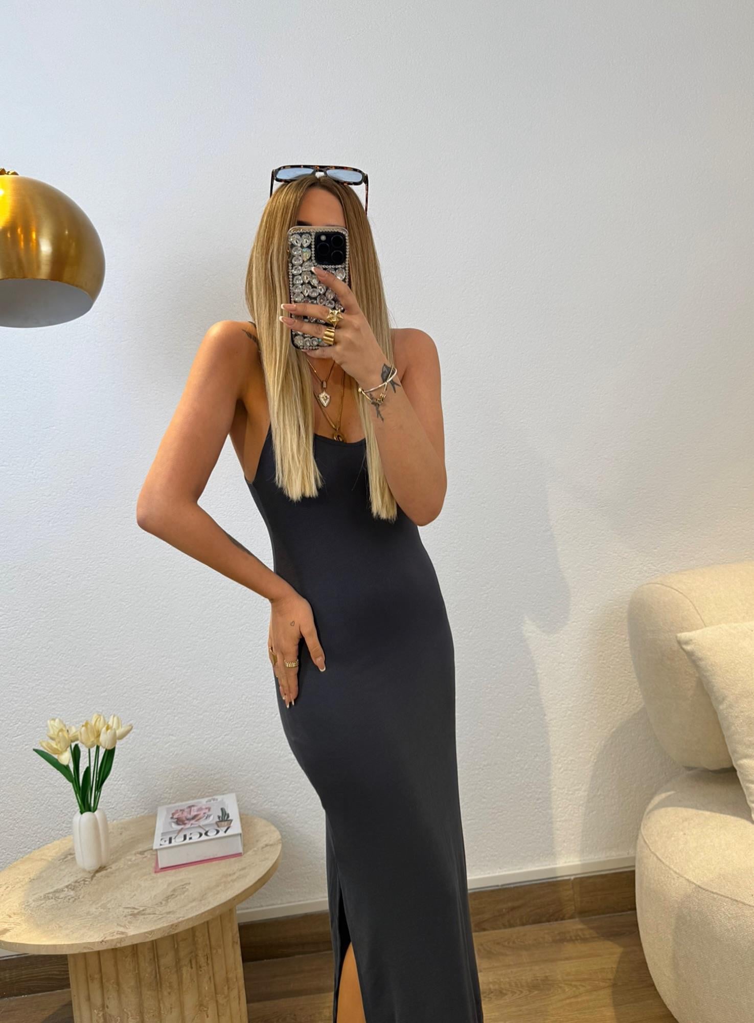 Yanları Yırtmaçlı Modal İp Askılı Antrasit Elbise