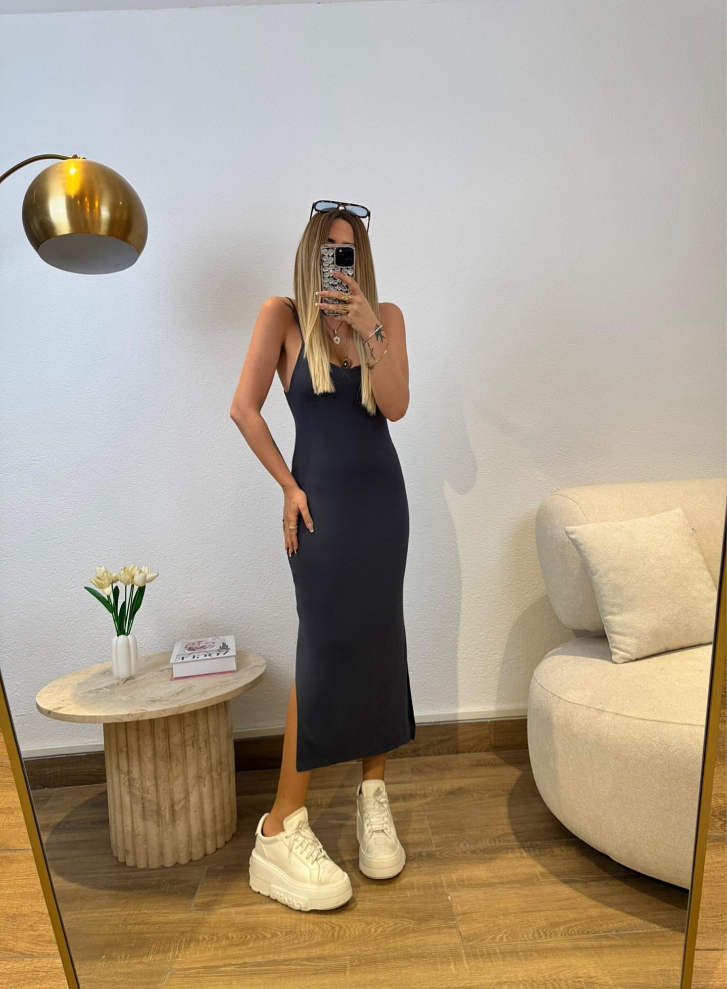 Yanları Yırtmaçlı Modal İp Askılı Antrasit Elbise