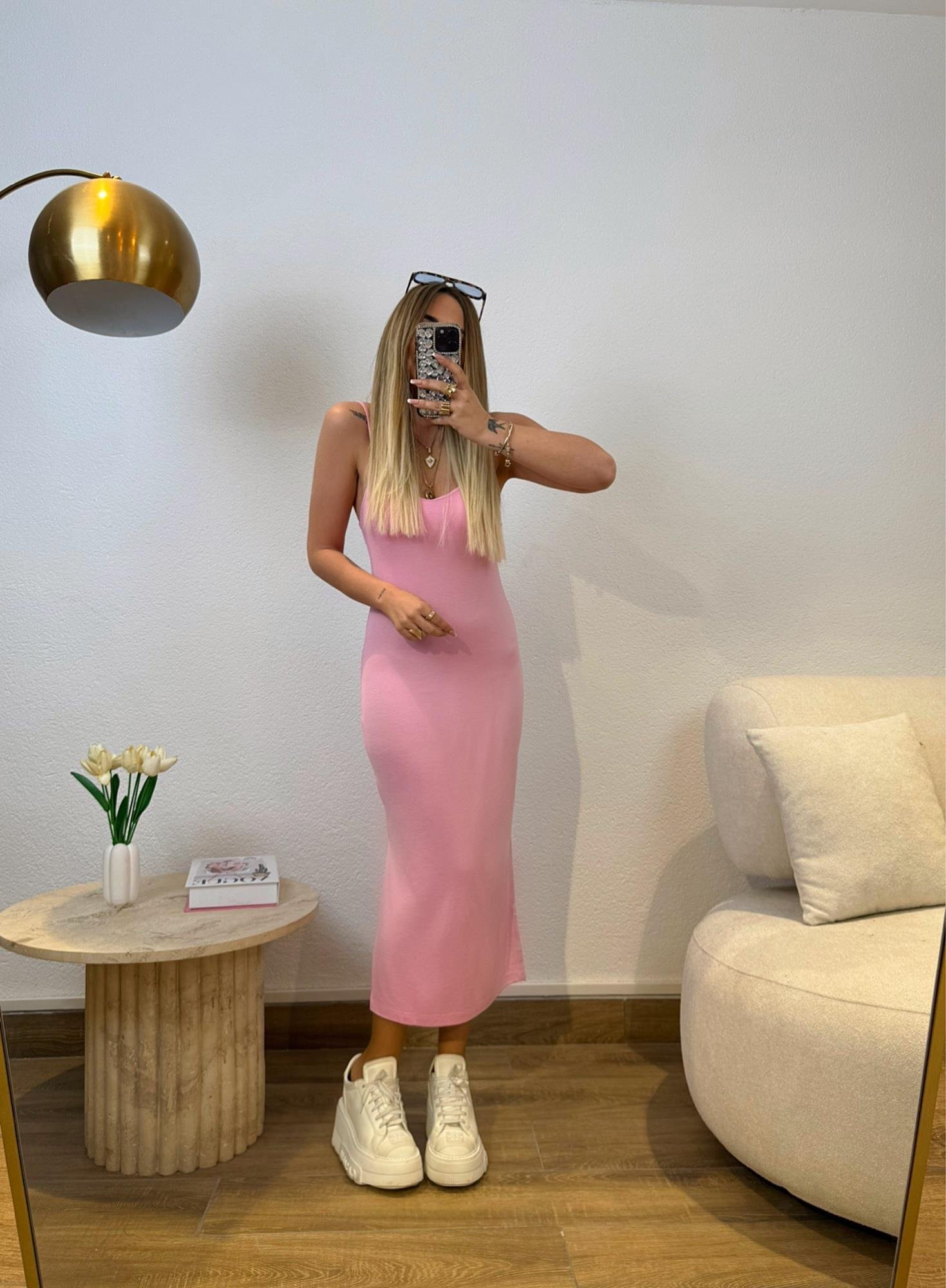 Yanları Yırtmaçlı Modal İp Askılı Pembe Elbise