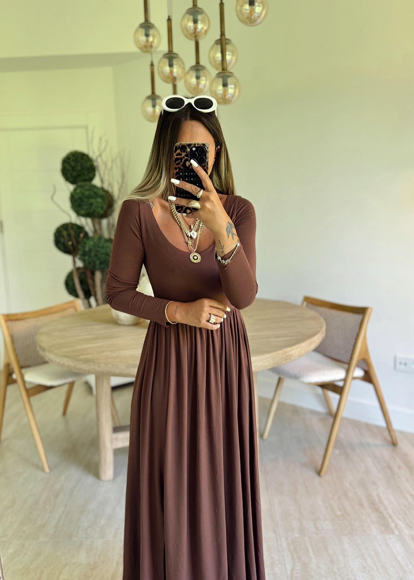 Yeni Sezon Kahve U Yaka Yırtmaçlı Elbise