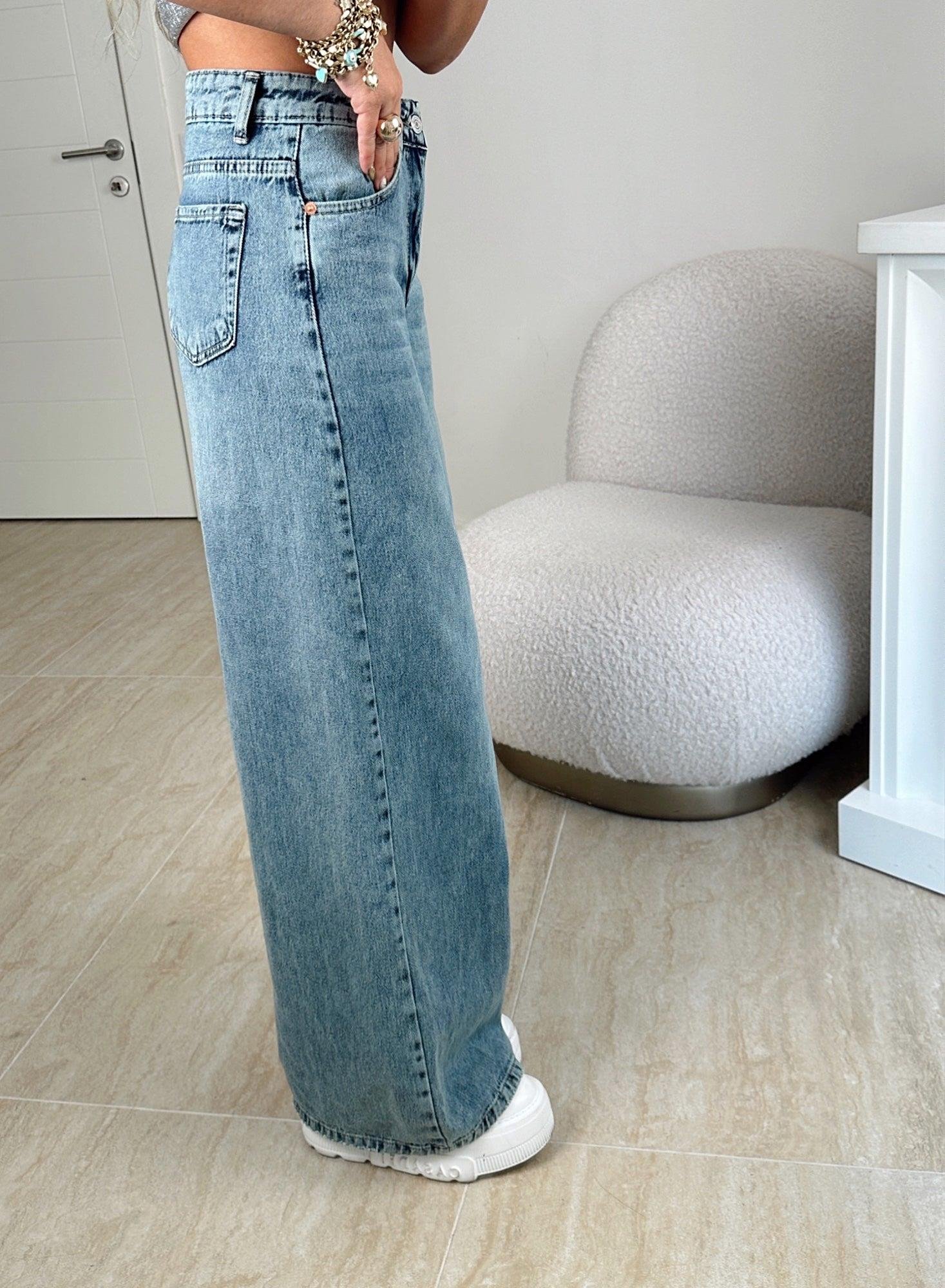 Yeşil Yıkamalı Bol Paça Jean