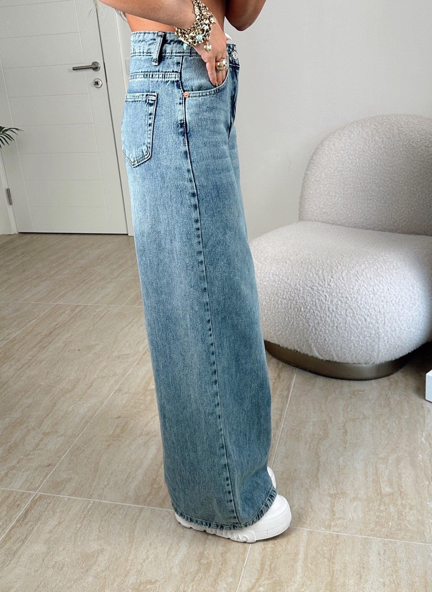Yeşil Yıkamalı Bol Paça Jean