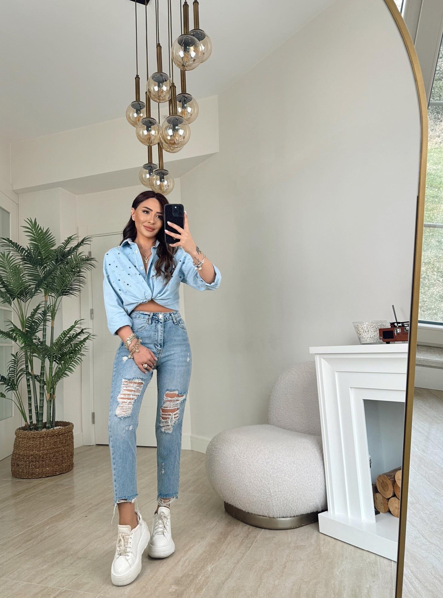 Yeşil Yıkamalı Paça Detay Yırtıklı Mom Jean