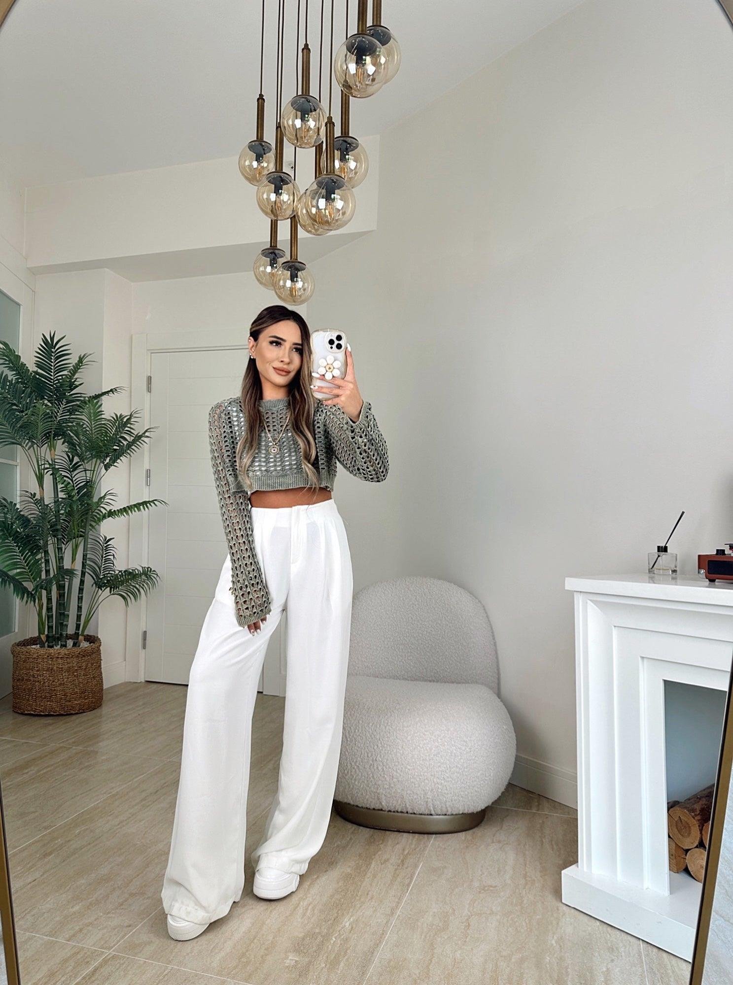 Yıkamalı Yeşil Delikli Crop Triko
