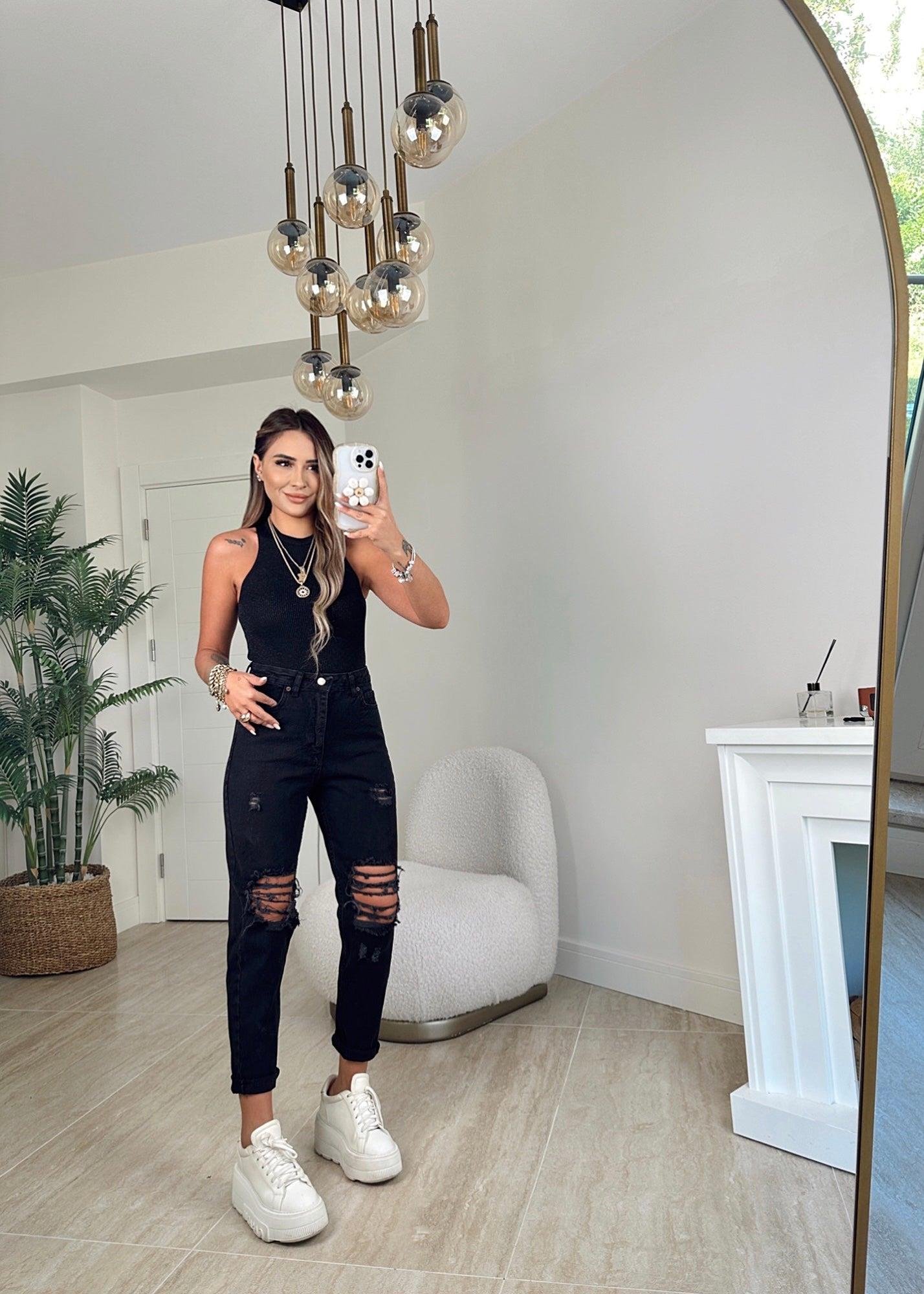Yırtıklı Siyah Mom Jean