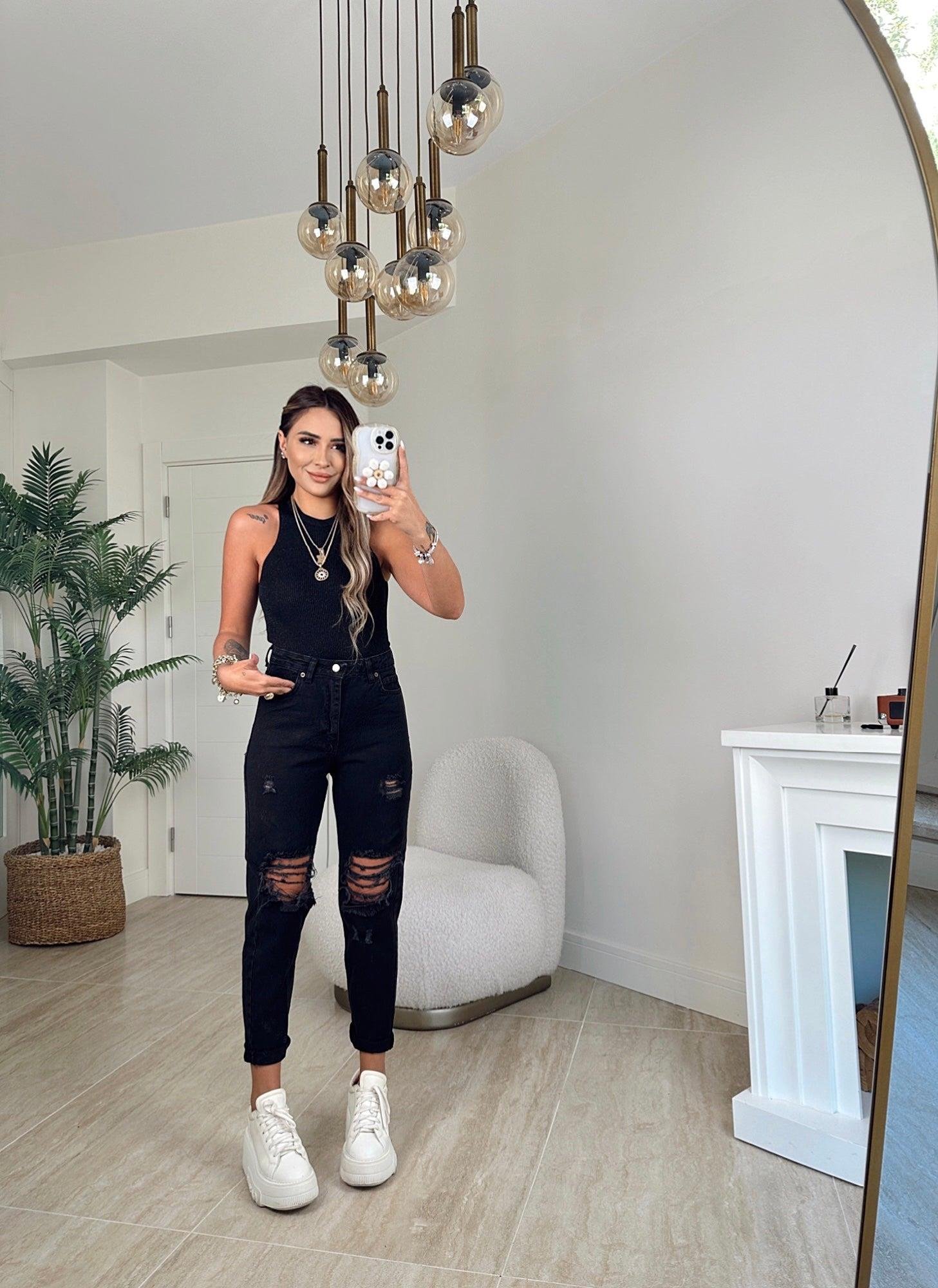 Yırtıklı Siyah Mom Jean
