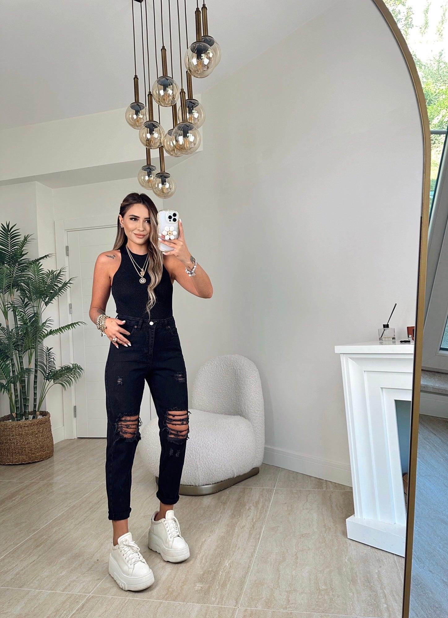 Yırtıklı Siyah Mom Jean