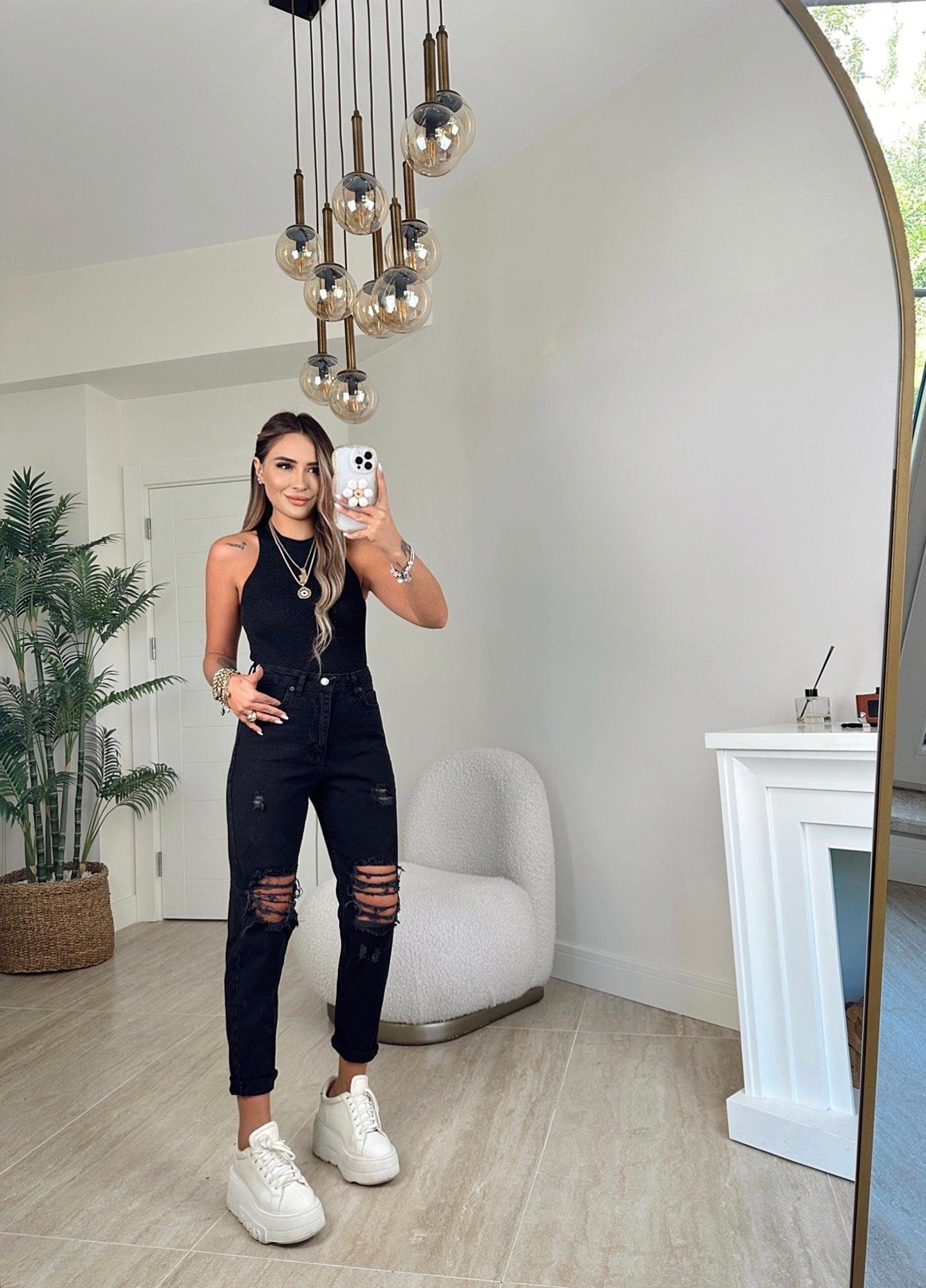 Yırtıklı Siyah Mom Jean